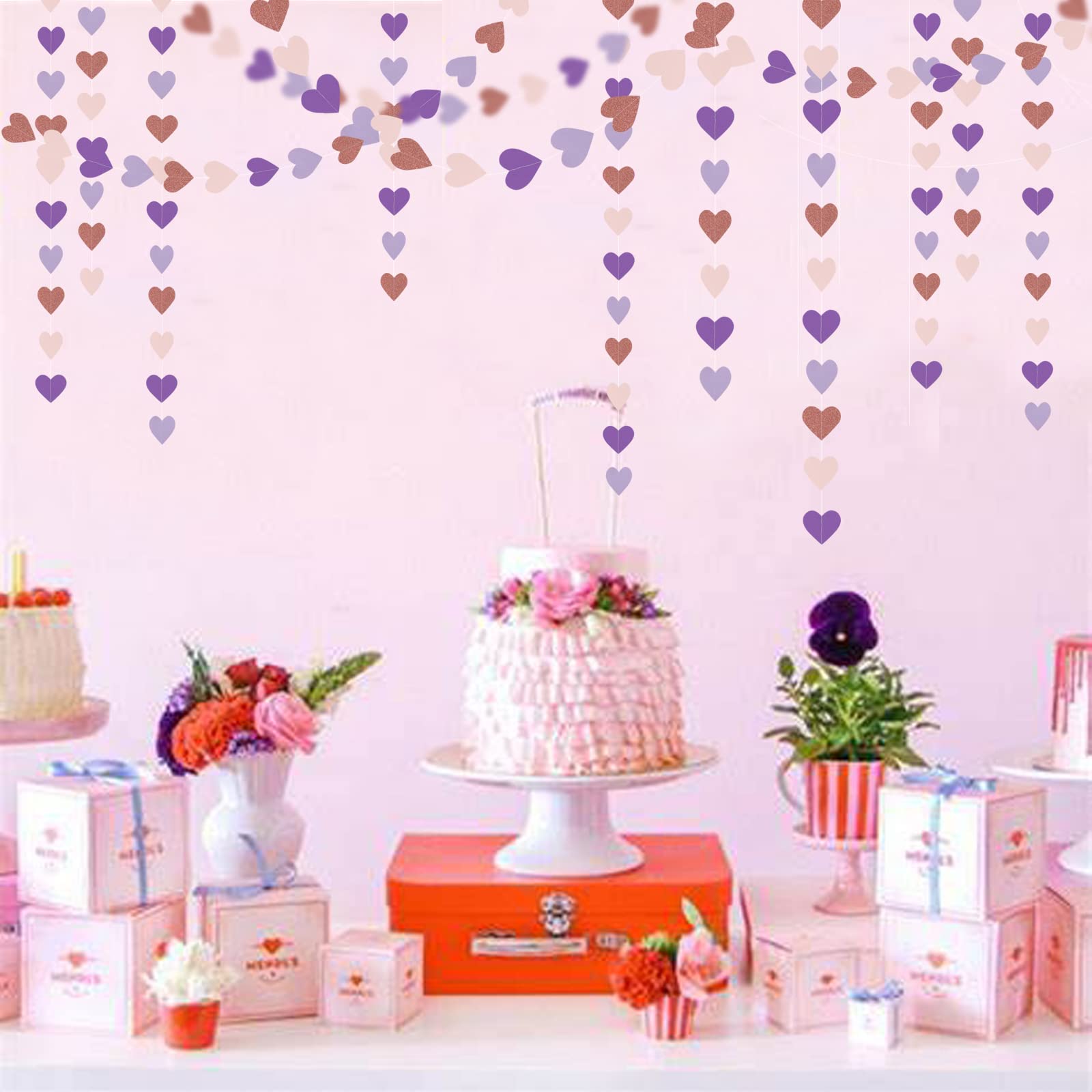 Guirnalda de corazón para decoración de fiesta de oro rosa, rosa y morado, serpentinas de 52 pies, decoración de baby shower, pancarta de papel colgante de cumpleaños para niñas y mujeres, decoración
