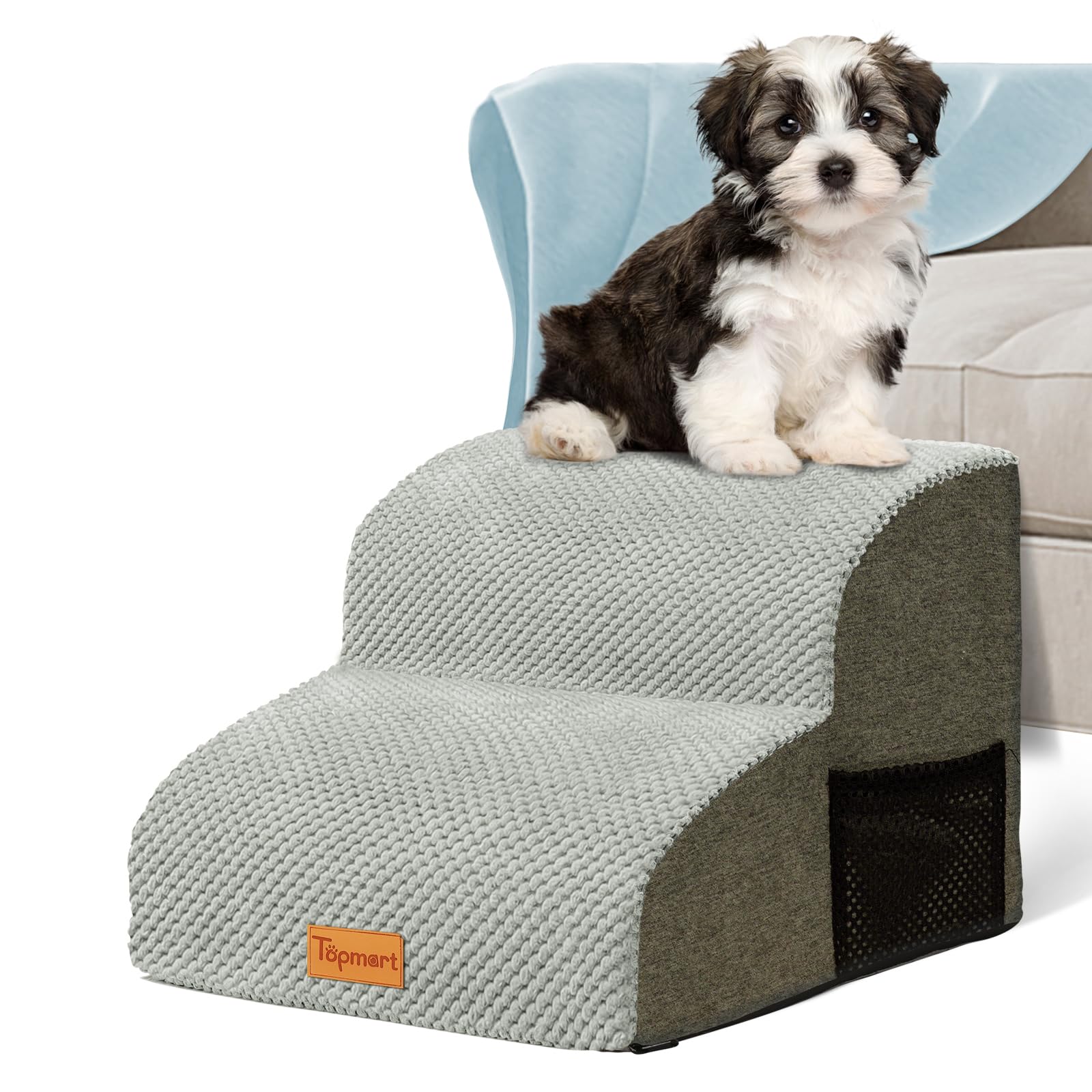 Topmart 2 Tiers Foam Dog Stairs/Steps for Small Dogs,Non-Slip Dog Ramp with Waterproof Cover,High Density Foam Pet Stairs/Ladder,Best for Injured,Older Dogs Cats,Pets with Joint Pain,11.8”H