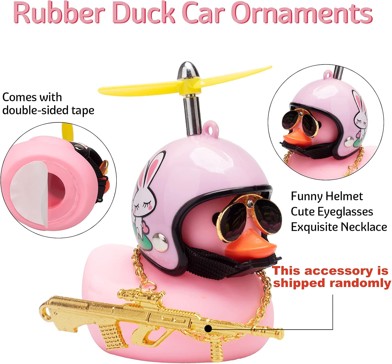 wonuu Rubber Duck Car Ornaments - Pink Duck Car Dashboard Decorations Set with Propeller Helmet, Sunglasses, and Gold Chain