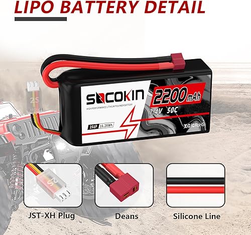 Miniatura 2 de 2S Lipo Batería 7.4V 50C 2200mAh Baterías con conector T-Plug Plug Shorty Soft Case Batería para FPV Drone Quadcopter UAV Avión Helicóptero RC Coche