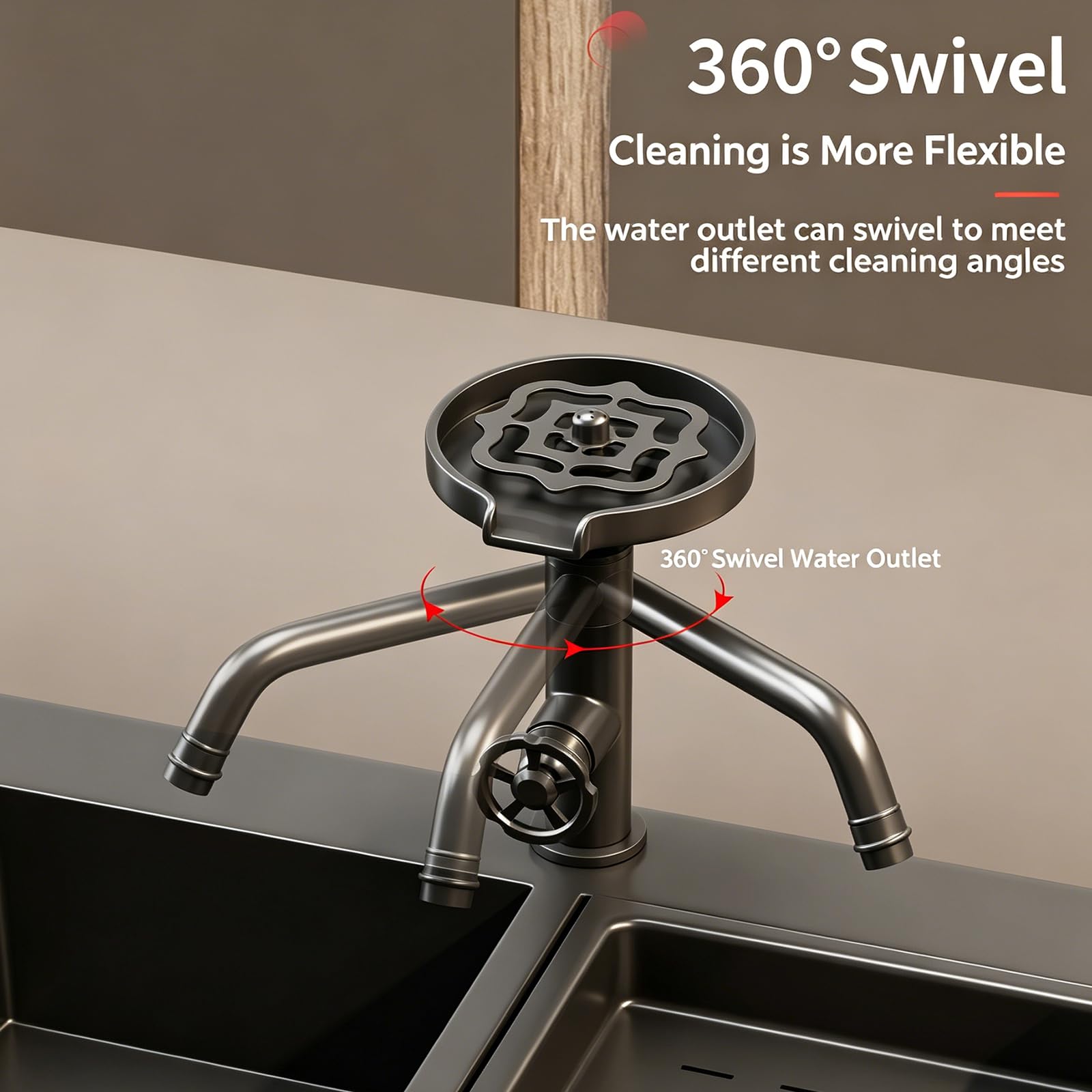 Lavavasos, Lavavasos para Fregadero, Lavavasos Automático De Alta Presión con Caño Giratorio 360°, Cuerpo De Latón, Grifo Monomando De Agua Fría/fría, Ideal para Black