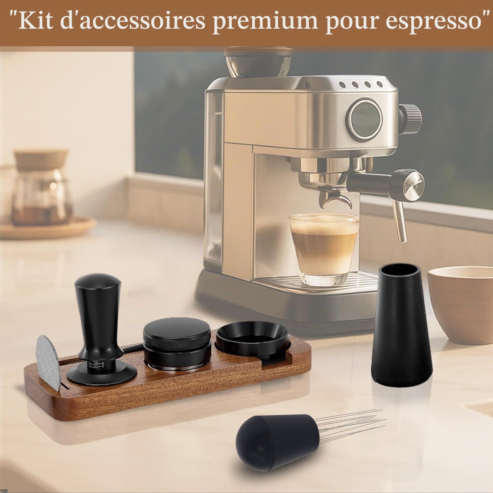 Gekufa Kit Barista Café 54 mm, 7 Pièces pour Porte-Filtres d’Expresso | Avec Tasseur à Café, Station de Tassage, Distributeur, Outil WDT, Entonnoir Doseur, Brosse et Disque Filtrant