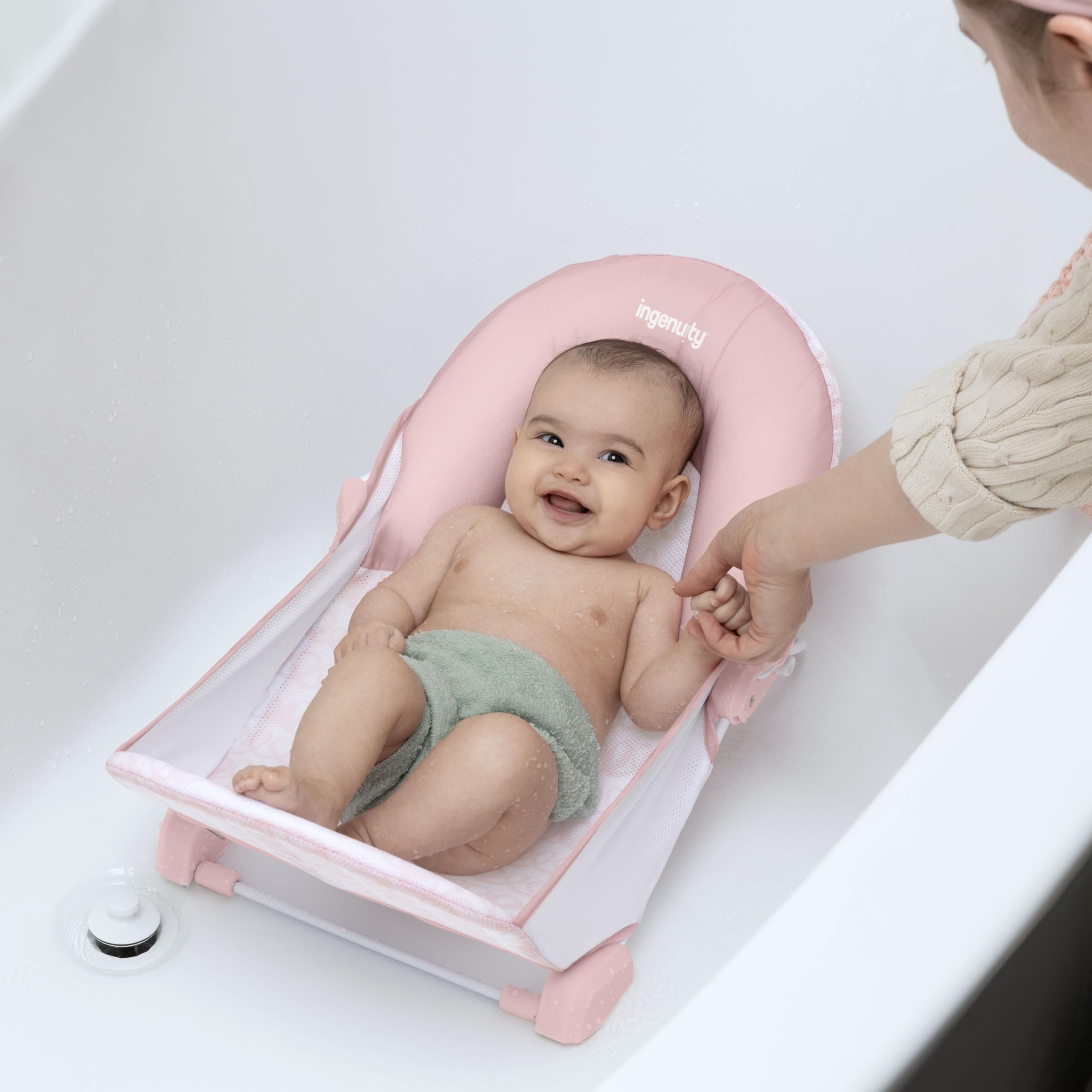 Ingenuity FoldAway 2-Position Bagnetto, seggiolino da bagno per bambini regolabile a 2 posizioni per lavandino o vasca da bagno, età 0-6 mesi, fino a 9 kg, Rosa