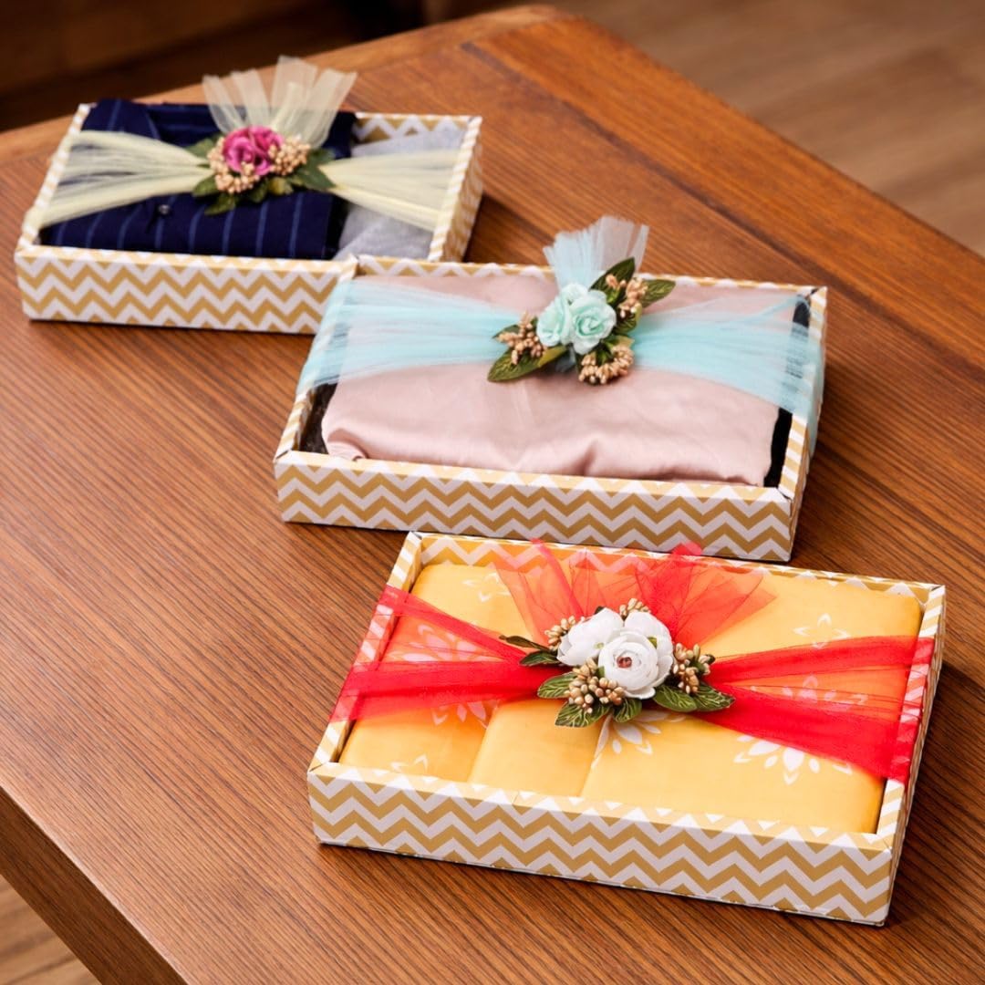 SATYAM KRAFT 3 Pcs Multipurpose Decorative Folding Gift Box | Folding Paper Hamper Boxes for Return Gifts, Sweets, DIY Craft | Rectangular Cardboard Tray (GOLDEN BOX WITH NET BAND, 3 PCS)-image-48