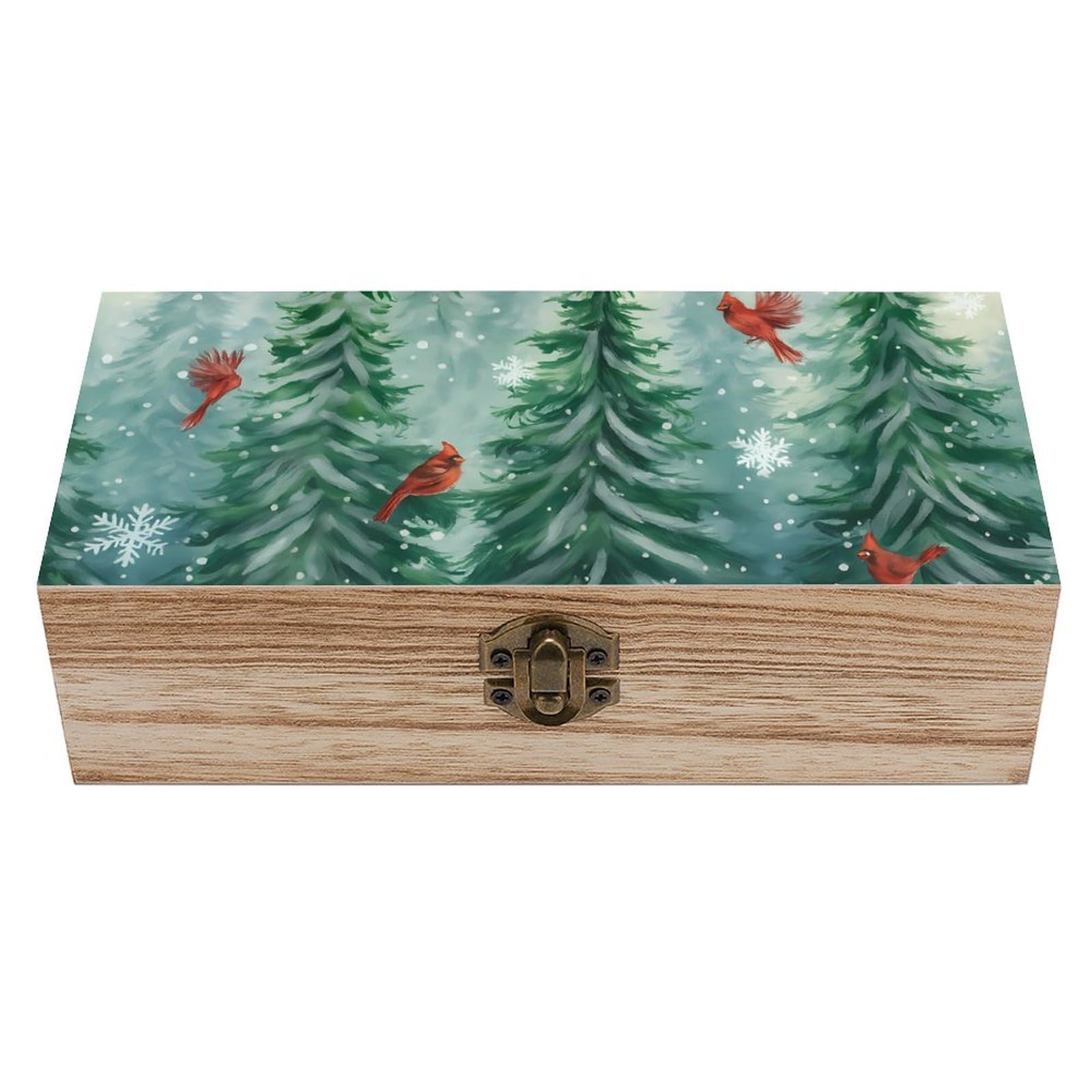 HLBSDM Snowy Pine Forest & Cardinal Bird Retro Wooden Storage Box Jewelry Art Gift Boxs Decorative Keepsake Boxes