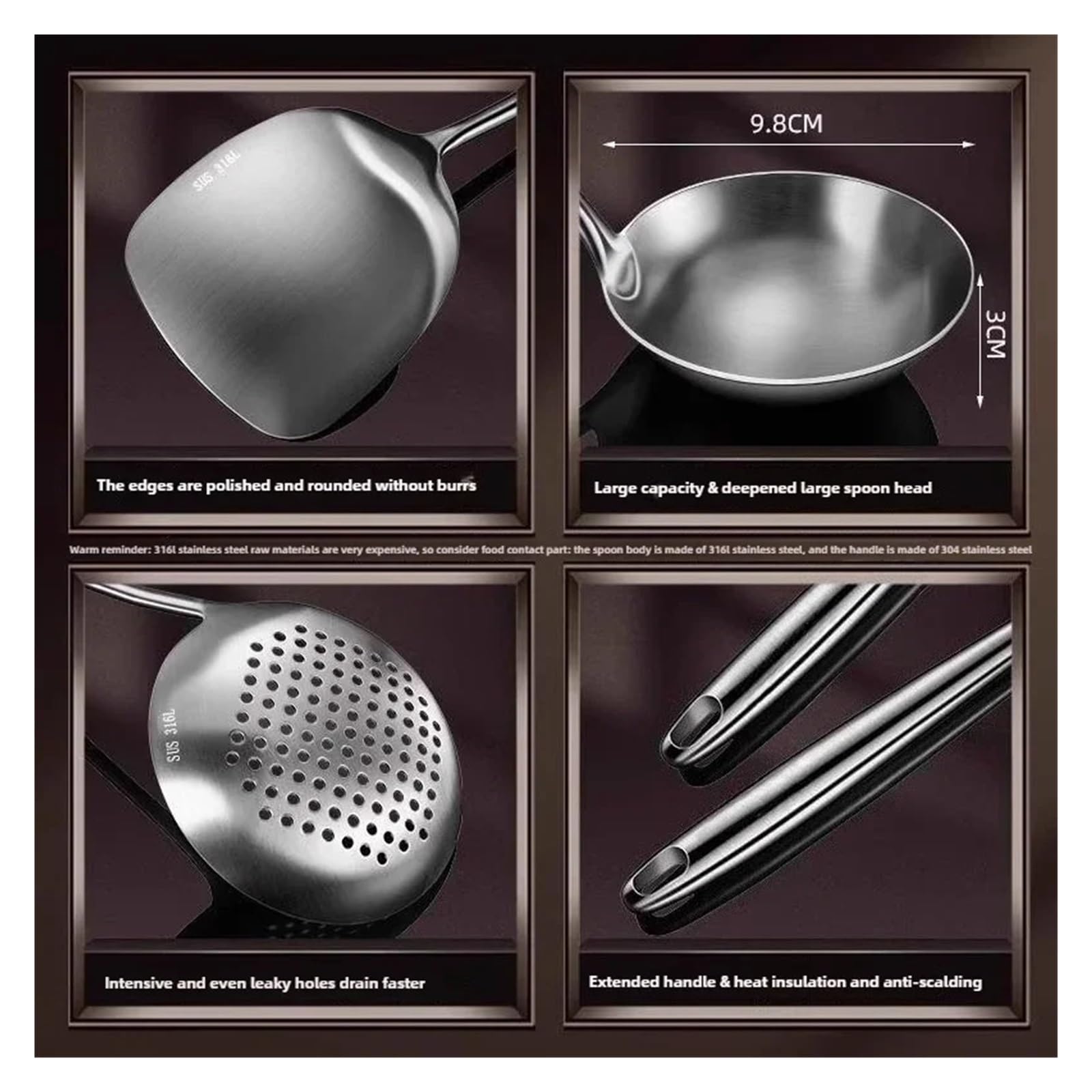 Generico Spatola for Wok in Acciaio Inossidabile 316, Utensili da Cucina in Metallo, Cucchiaio Forato, mestolo, Set di, Accessori(3PCS Set A)