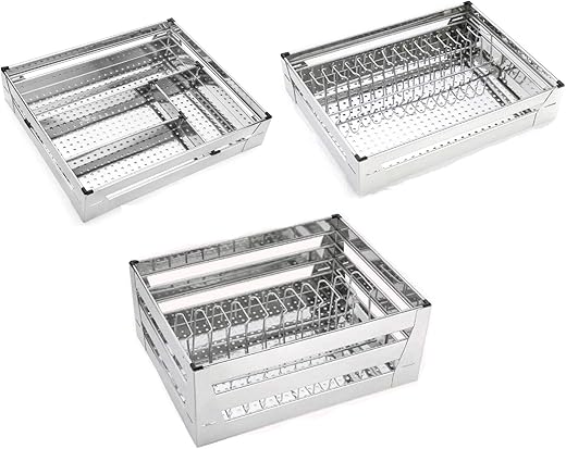 WINSTAR High Grade Stainless Steel Perforated Sheet Kitchen Baskets Set of 3 w/d Plate Basket | Premier Series Kitchen Organizer | Modular Kitchen Cabinet (21X20X4 + 21X20X8 inches)