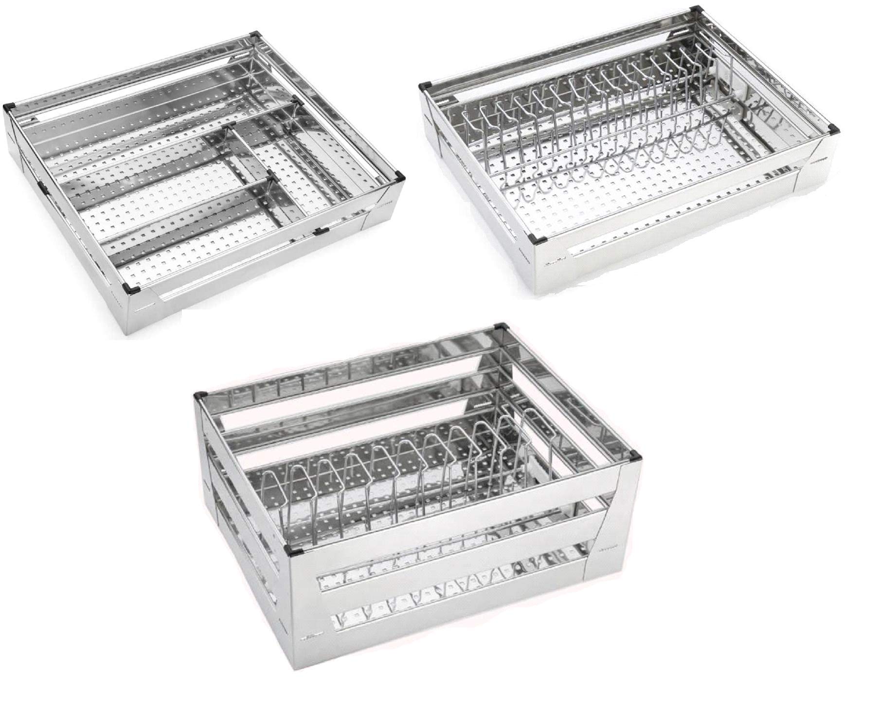 WINSTAR Premier Series High Grade Stainless Steel Perforated Sheet Kitchen Baskets Set of 3 w/ Plate Basket | Modular Kitchen Cabinet (17X20X4 + 17X20X8 inches)