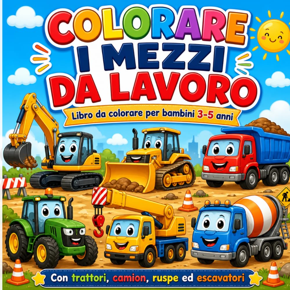 COLORARE I MEZZI DA LAVORO: Libro da Colorare per Bambini 3-5 Anni con Trattori, Camion, Escavatori, Ruspe e Veicoli da Cantiere