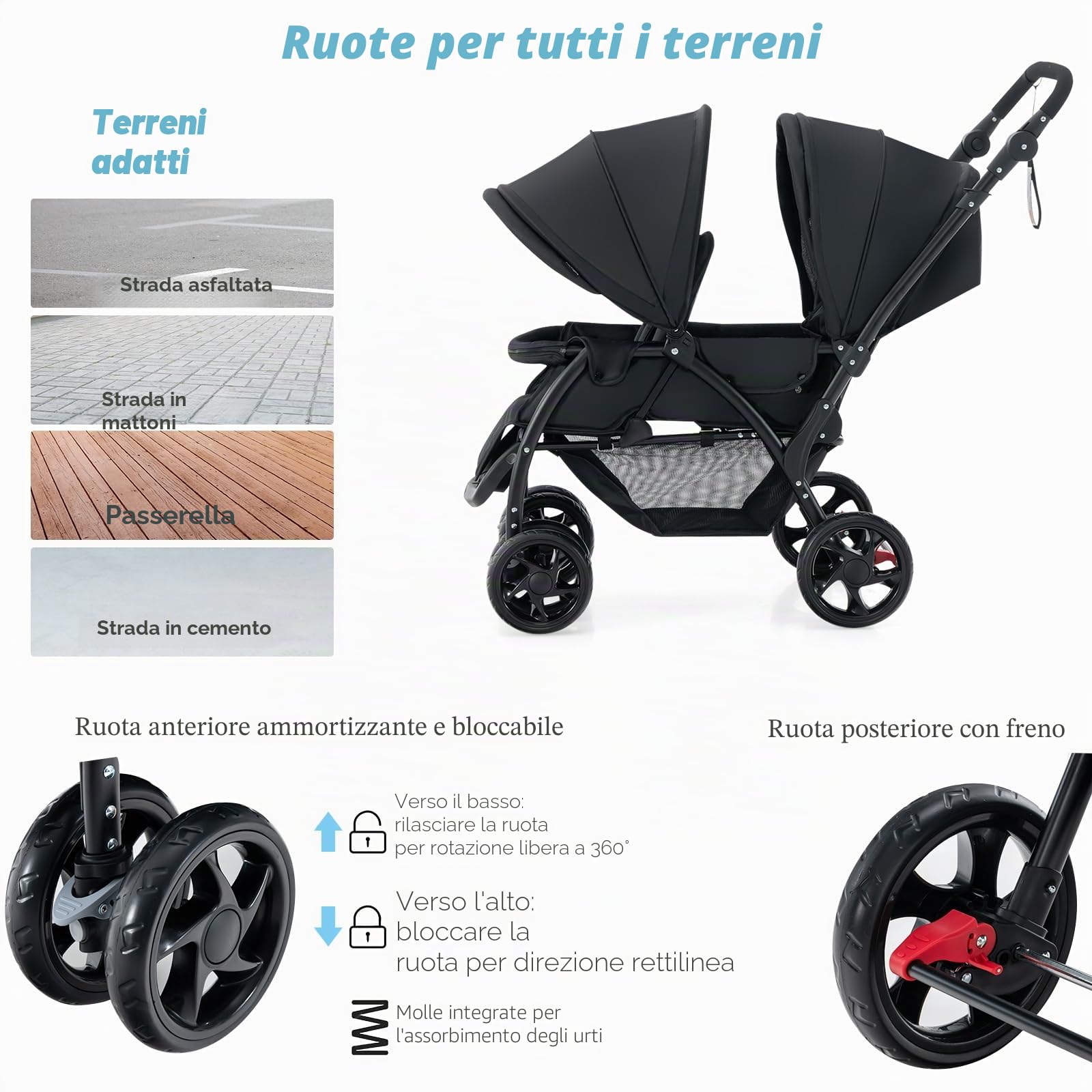 LIFEZEAL Passeggino Gemellare, Doppio, Carrozzina per Bambini, Passeggino da Viaggio, Leggero, Pieghevole, Compatto, Regolabile, Portatile, Reclinabile, Comodo, Max 30 kg, 123x57x95-110 cm (nero)