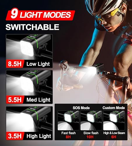 Miniatura 10 de Juego de luces de bicicleta recargable por USB, 5400 mAh para bicicleta y luz trasera con pantalla digital, 3 LED superbrillantes de 1600 lúmenes, 6