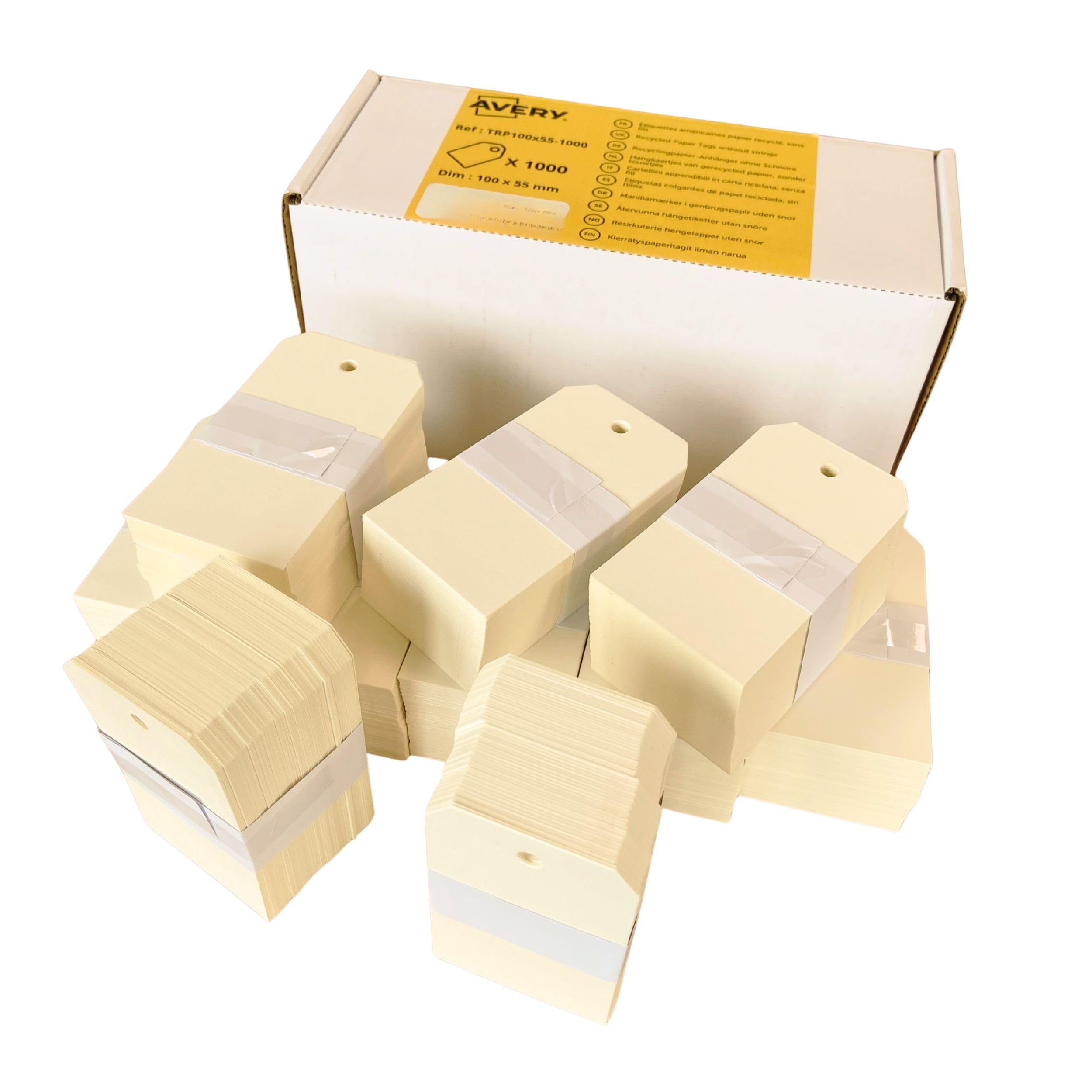 AVERY – 1000 Étiquettes Américaines Blanches 100x55 mm avec Trou de Suspension 6 mm – Papier Épais 320 g/m² à Base de Papier Réutilisées – Inscriptibles à la Main – Pour Commerce, Artisanat, Cadeaux
