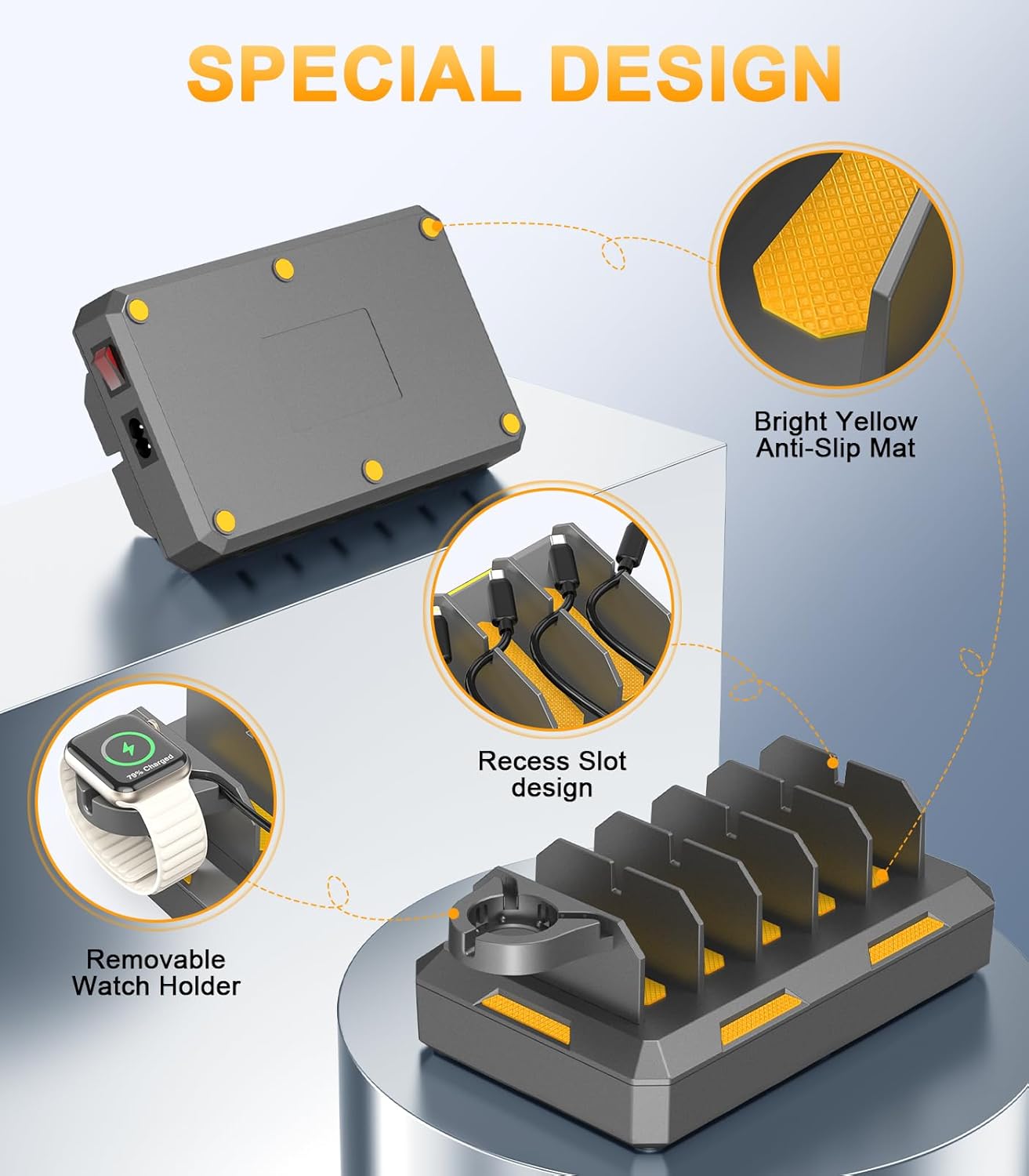 CREATIVE DESIGN Charging Station for Multiple Devices Apple,50W USB Multi Charging Station for iPhone,iPad,Cell Phone,Android,iPad,Tablet,Kindle and More,with 6 Mixed Cables（Space Gray）
