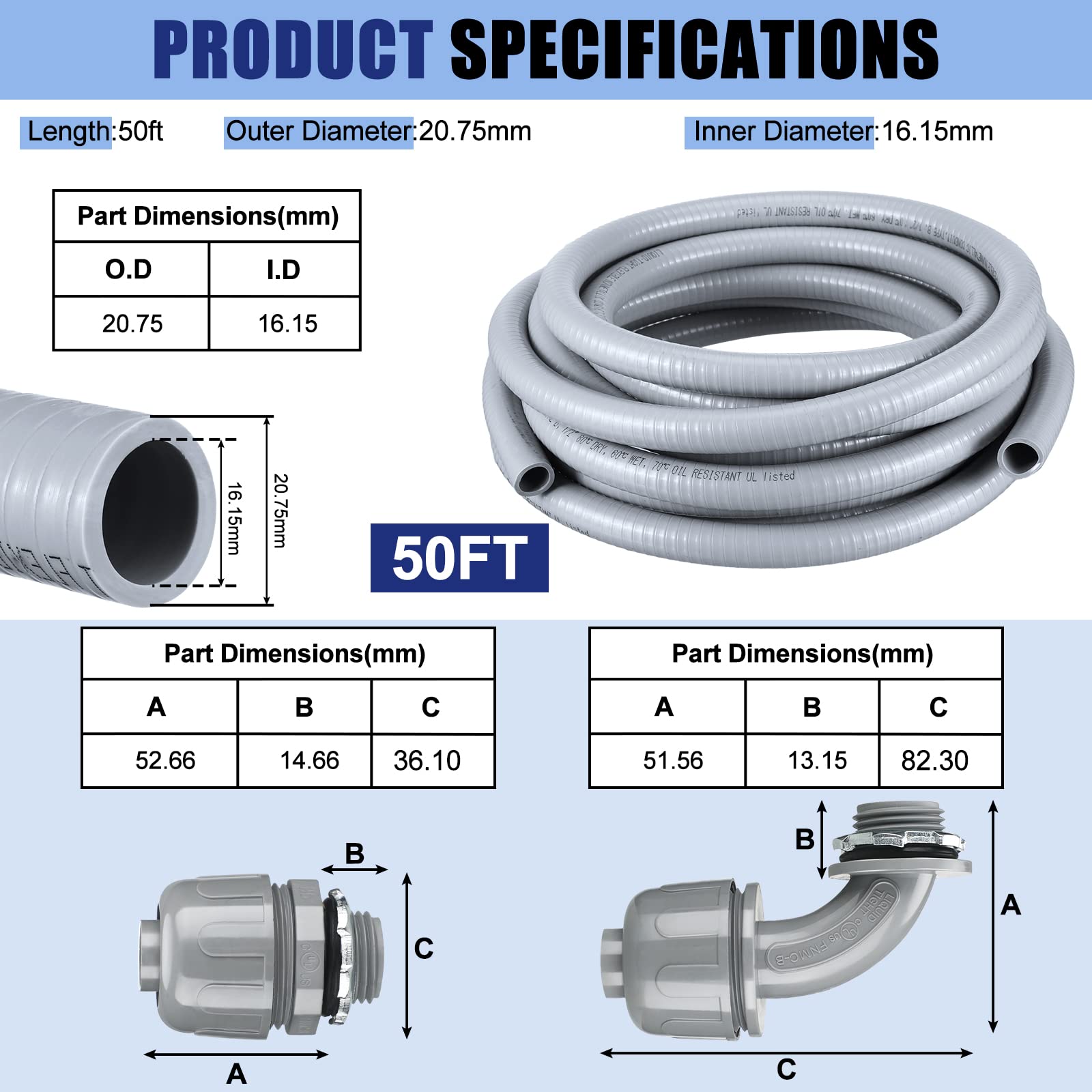 Kit Condotto Elettrico Flessibile 1/2 Pollice 25 Piedi Con Raccordi (5 Diritti + 3 Angolari), Liquido Tight, PVC Grigio