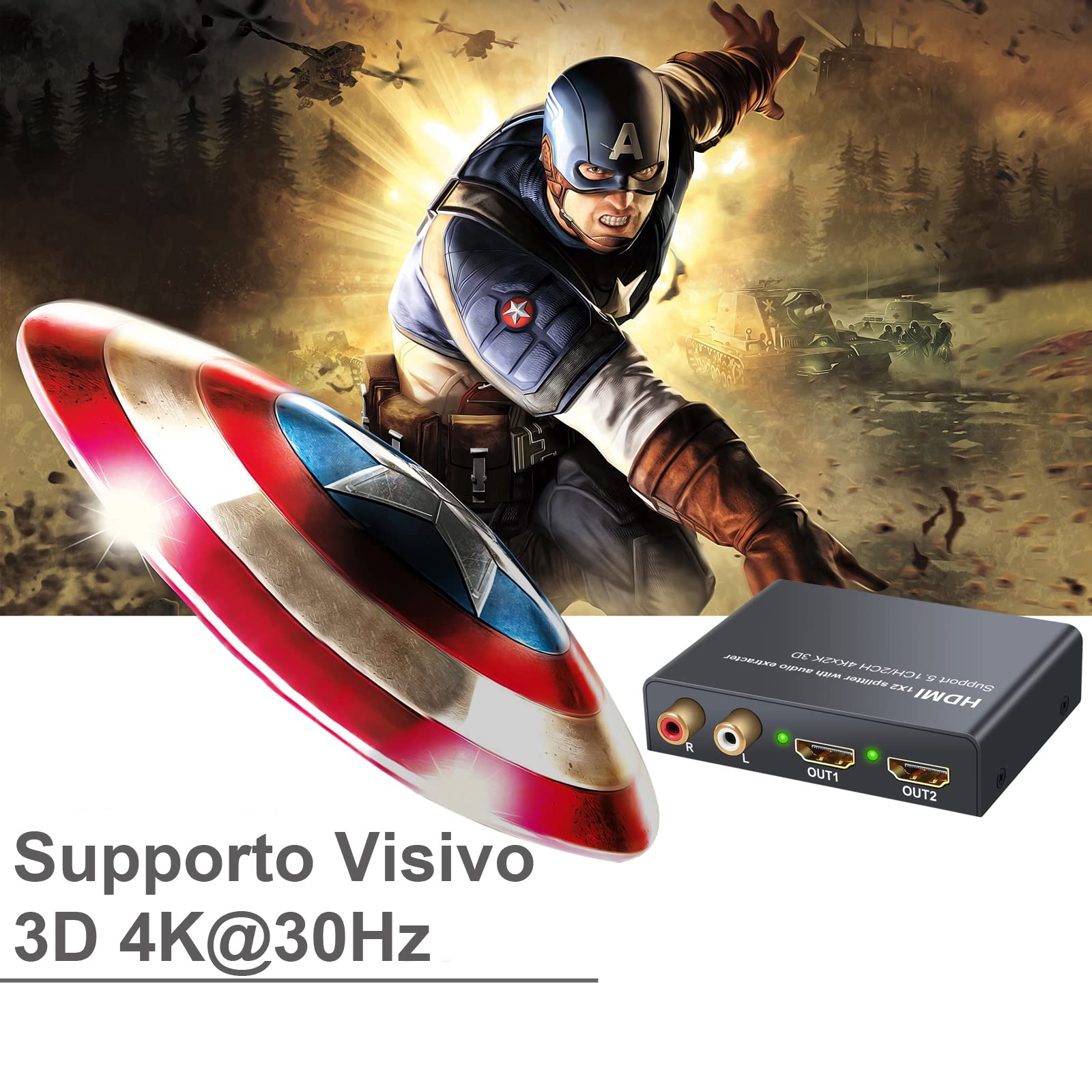 LiNKFOR HDMI Audio Estrattore 2 Uscite 4K 3D con Alimentatore HDMI a SPDIF Toslink Ottico + 2 Uscite Video HDMI Splitter HD Digitale a Stereo Analogico R/L 2CH/5.1CH per Blu-ray DVD SKY Box PS3 PS4