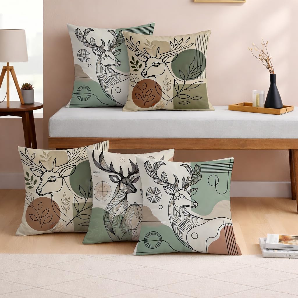 STITCHNEST Set of 5 Polycotton Cushion Covers – 12x12 Inches – Abstract Deer Line Art in Earthy Tones – Modern Nature-Inspired Cushion Covers for Sofa & Home Decor-image-42
