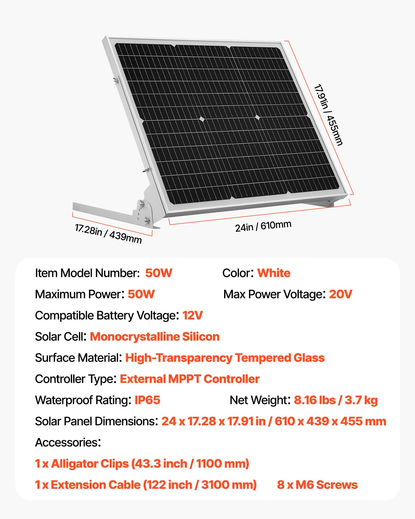 VEVOR Caricabatterie per Pannello Solare da 50 W e 12 V, Celle Monocristalline, Controllo MPPT Esterno, Staffa di Montaggio Regolabile, Impermeabile IP65, per Auto, Barche, Camper, Rimorchi