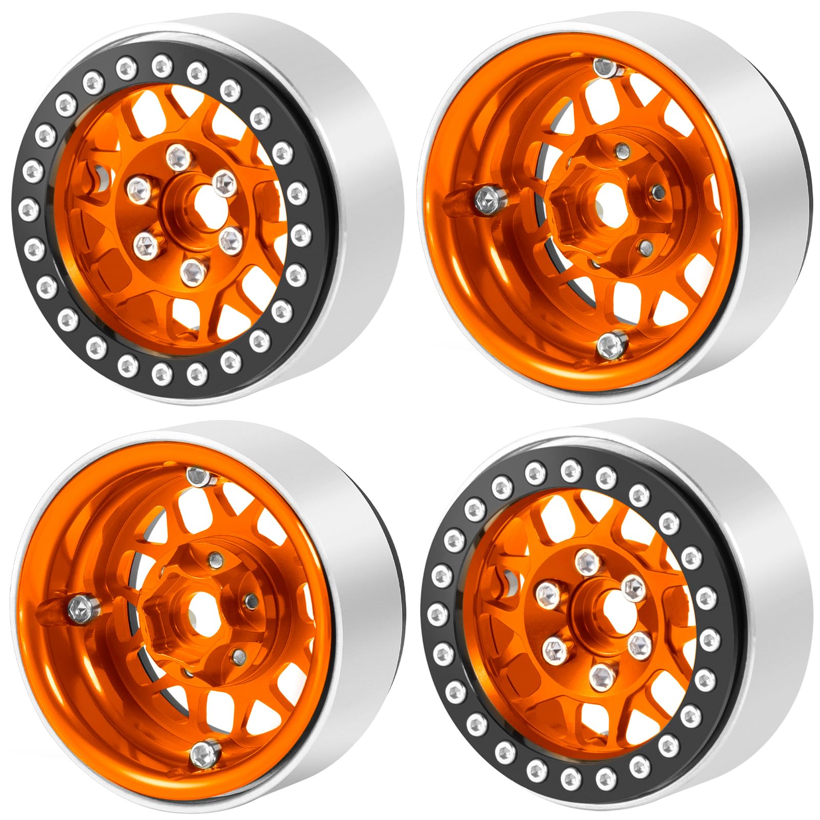 WEFEINO 4PCS Metal 1.9 Inch Beadlock Wheels RC Wheel Rim Set Wheel Hub for 1/10 RC Crawler TRX4 TRX6 Axial SCX10 I II III 90046 AXI03007 D90 12mm Hex (Orange+Black)
