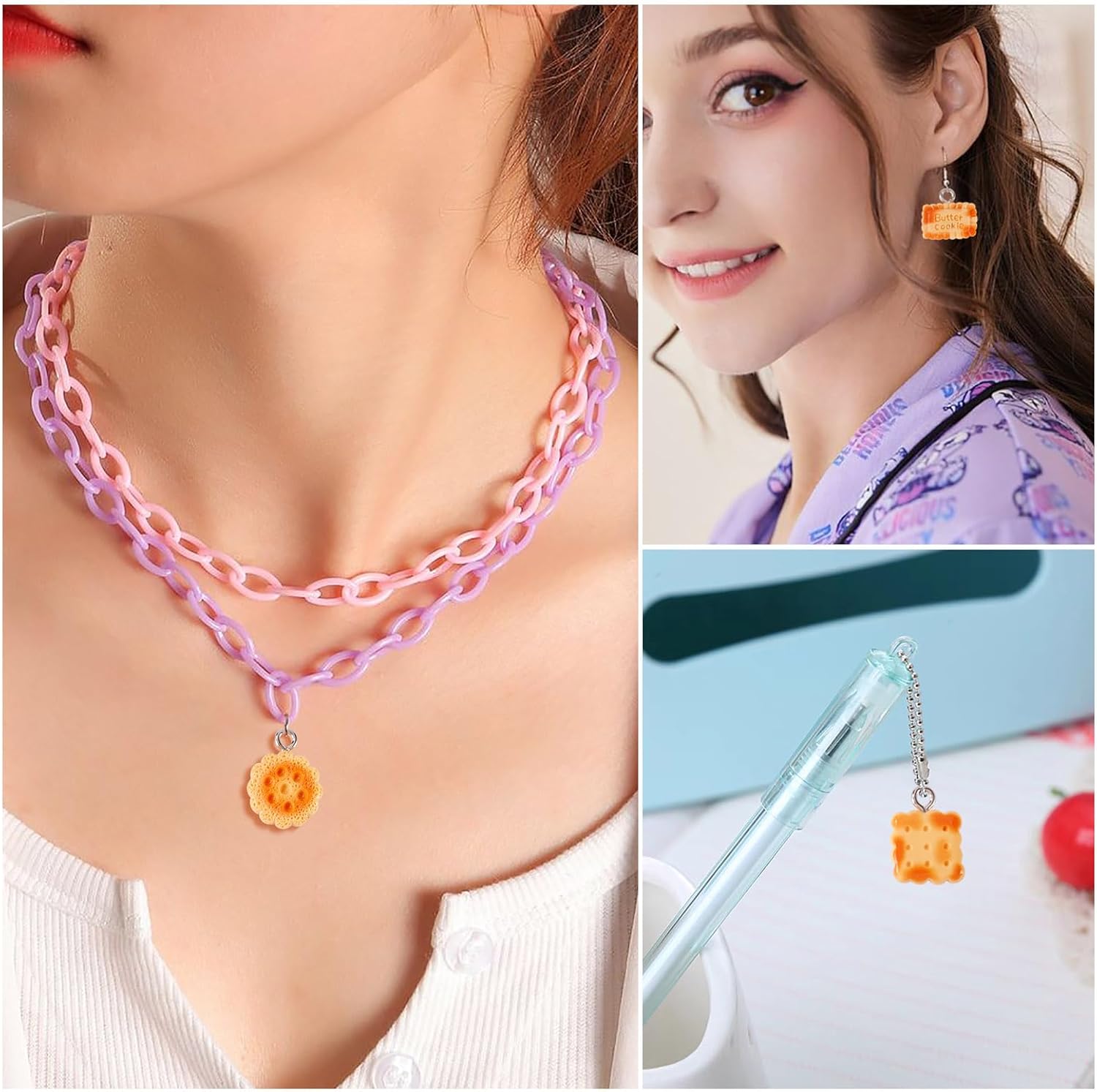 Beadthoven 42Pcs 14 Styles Simulation Bread Charms Mini Cookie Biscuit Resin Pendants Cute Heart Flower Shaped Bread Dangle Charms Tiny Dessert Food Pendants for Jewelry Making DIY Earrings Necklace - Image 5