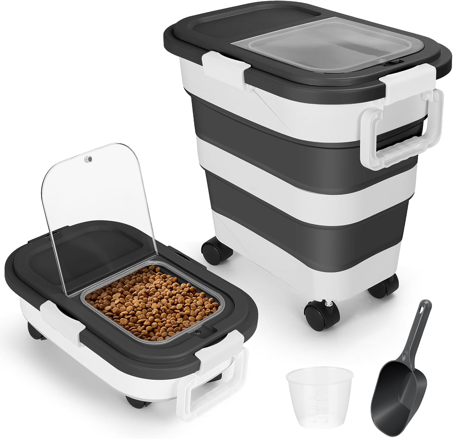 ShineMe Dog Food Storage Container, 30 Lbs Collapsible Food Storage Containers with Rolling Wheel Airtight Locking Lid, Cat Foods Bin with Cup and Scoop, Suitable for Pet Snack, Rice, Flour (Black)