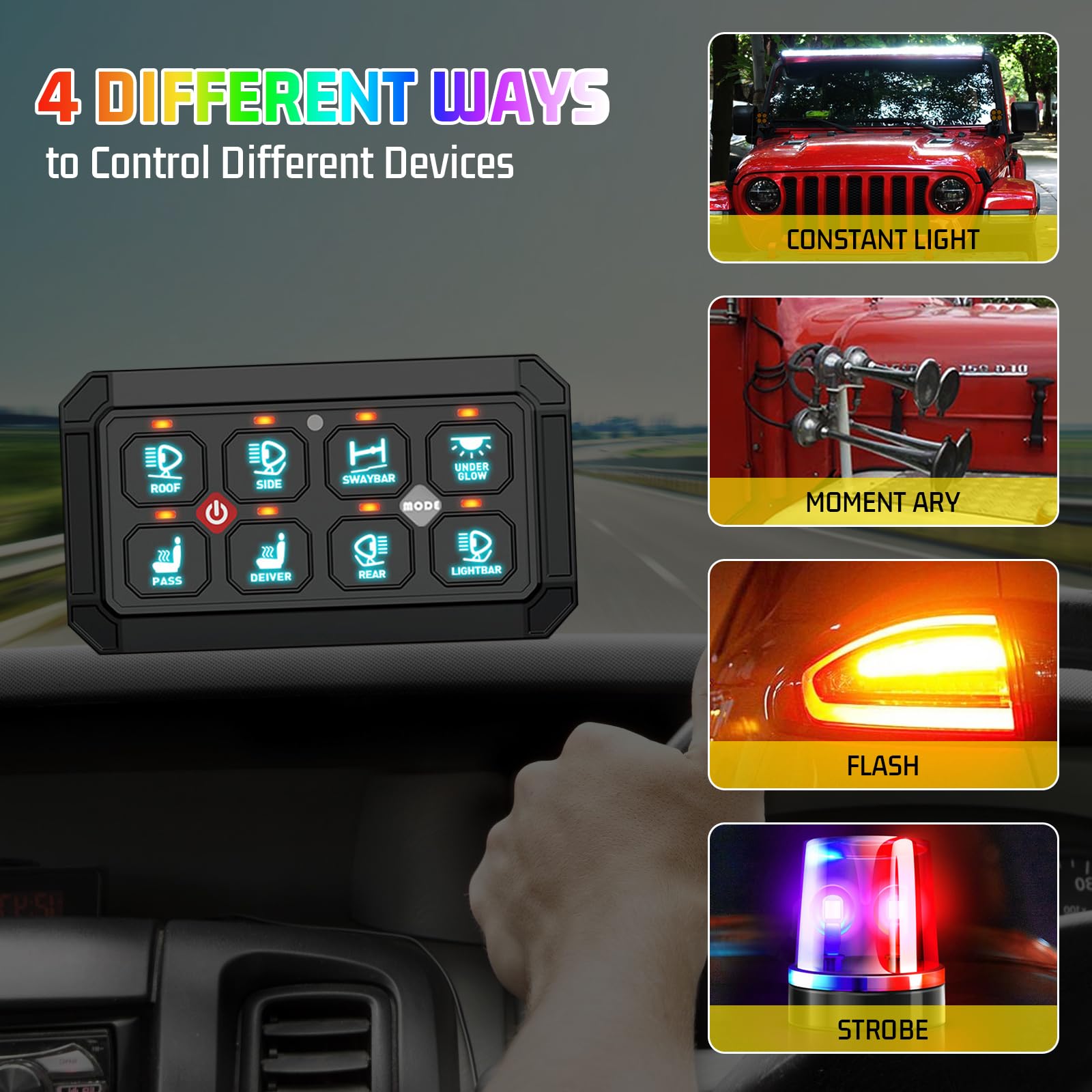 8 Gang Schalter Panel 12V/24V, Universal Circuit Control Relais System | Smart Schaltpanel Kit, Dimmbar LED Touch Schalter Panele RGB Sieben Farbe für Auto LKW Wohnmobile Boot UTV SUV