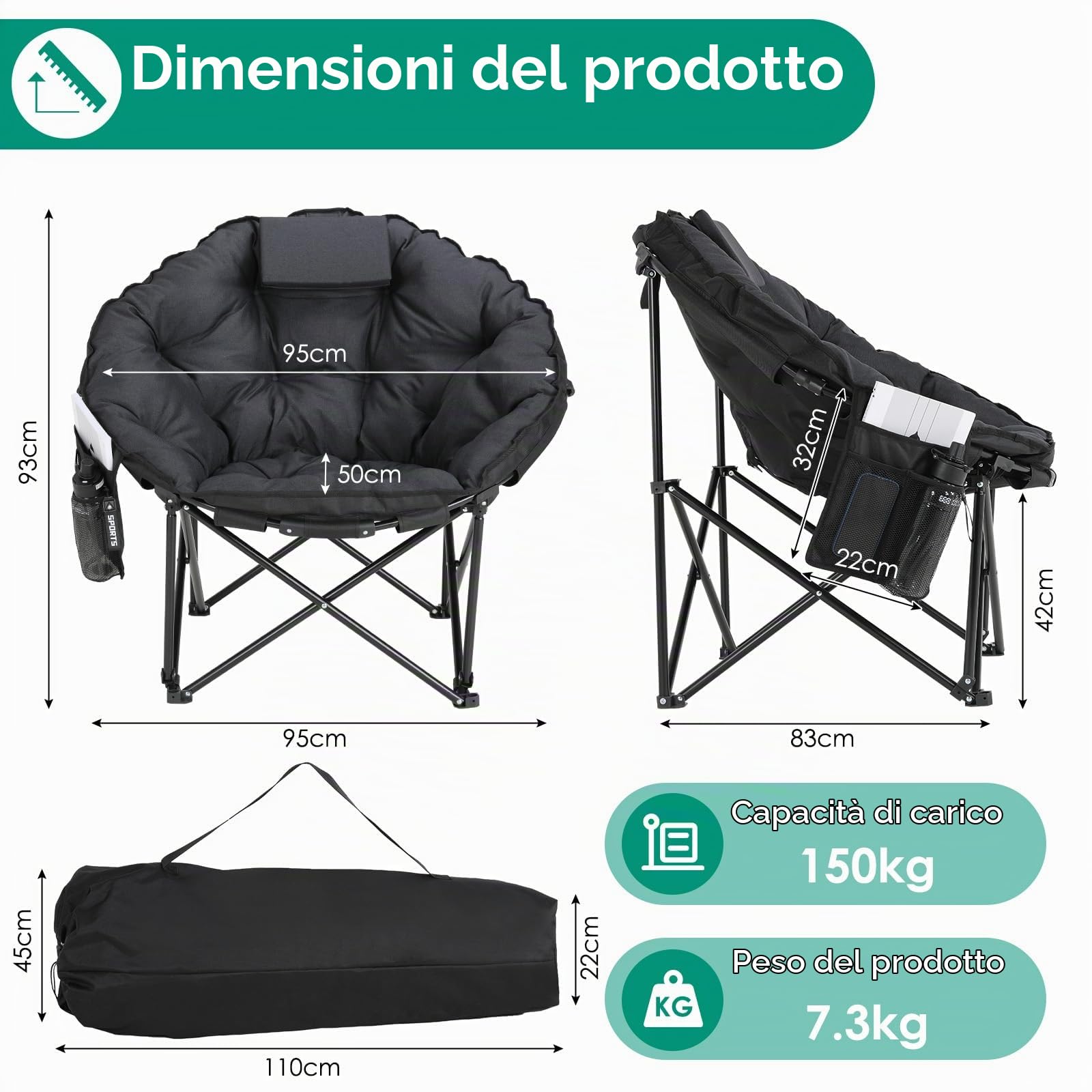 LIFERUN Sedia Pieghevole da Campeggio 150KG, Sedia da Campo Portatile, Moonchair imbottita XXL, con Poggiatesta, Tasca Laterale, borsa per il trasporto, per Giardino, Spiaggia, Trekking, Pesca, Nero