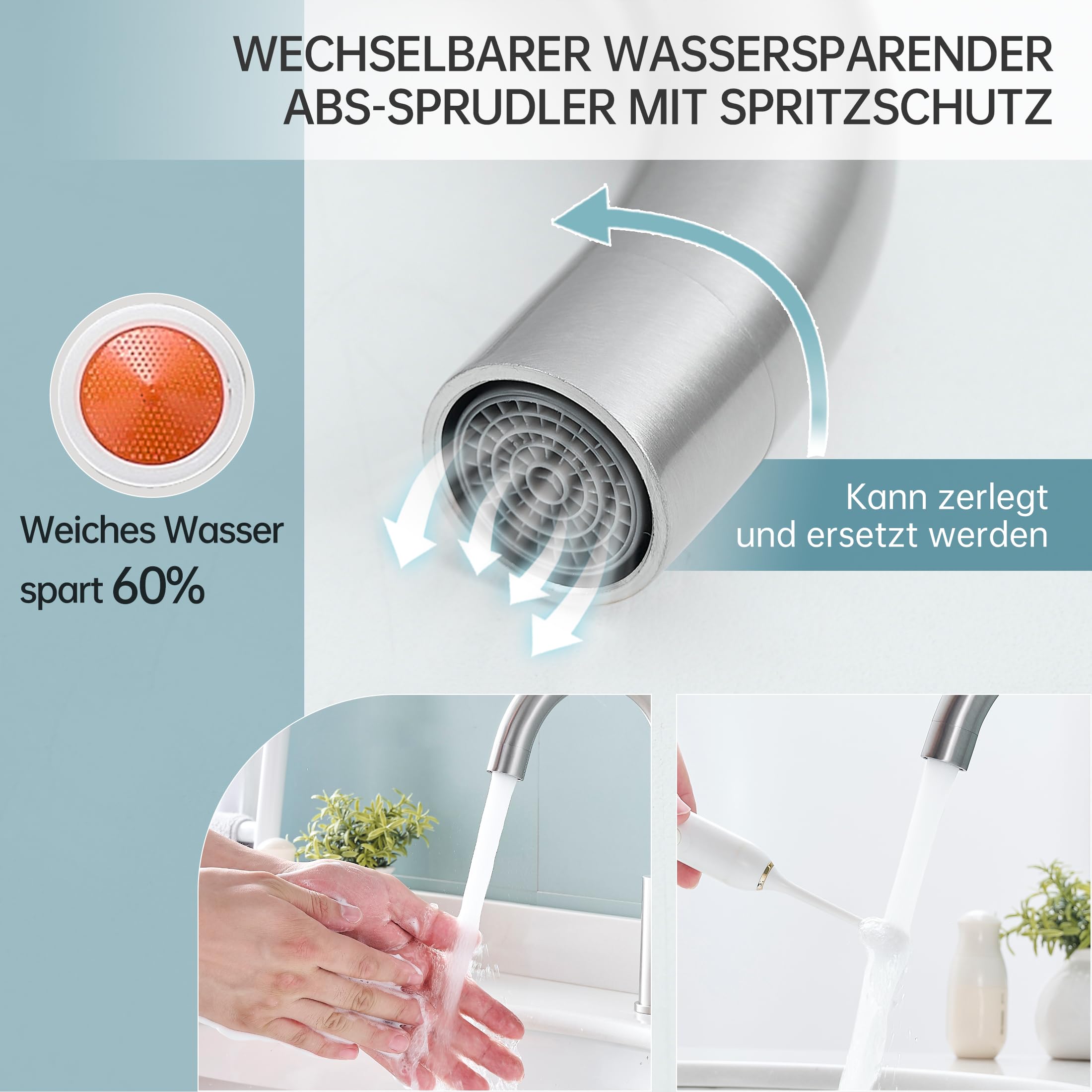 Fransiton Rubinetto da bagno alto, girevole a 360°, a risparmio d'acqua, con miscelatore ad acqua calda/fredda, facile da montare per bagno/cucina, piccolo camper (acciaio inox)