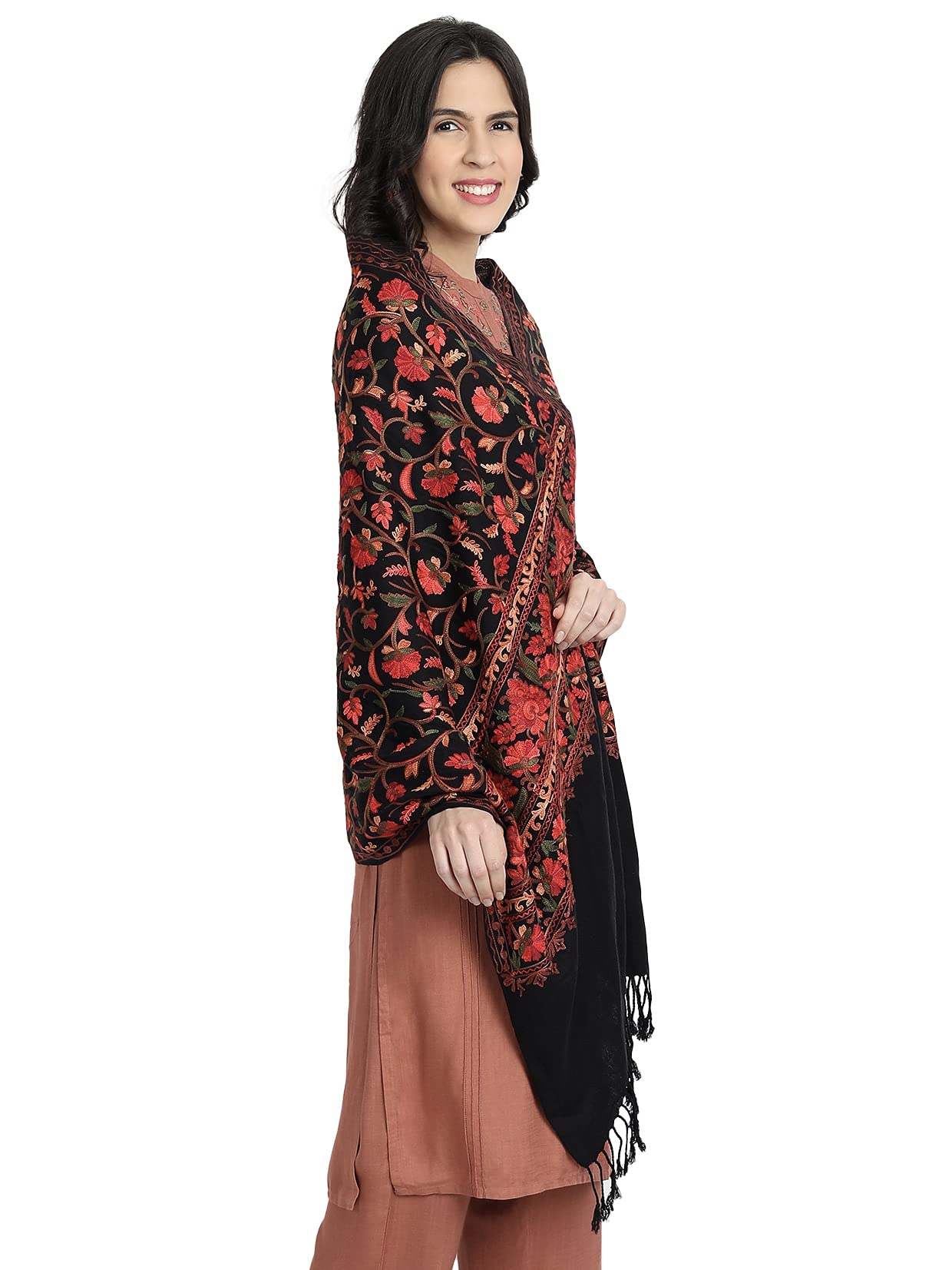 Zamour Kashmiri Women's Aari Embroidery Kadhai Woolen Shawl Stole Wrap 80 inches x 30 inches