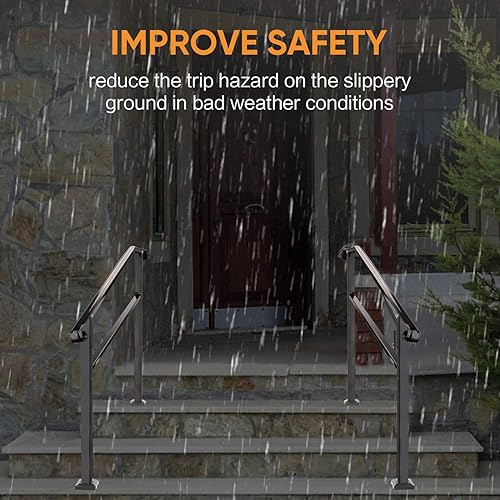 Vista 34 de Metty Metal Pasamanos para escalones al aire libre adecuados para 1 a 2 escalones, barandilla de escalera de hierro forjado, paso estable con Negro