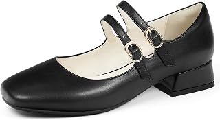 Women's Mary Jane Square Closed Toe Casual with Double Ankle Strap Dressy Flats Chunky Block Low Heel Elegantes Comfortable Soft Cute Shoes