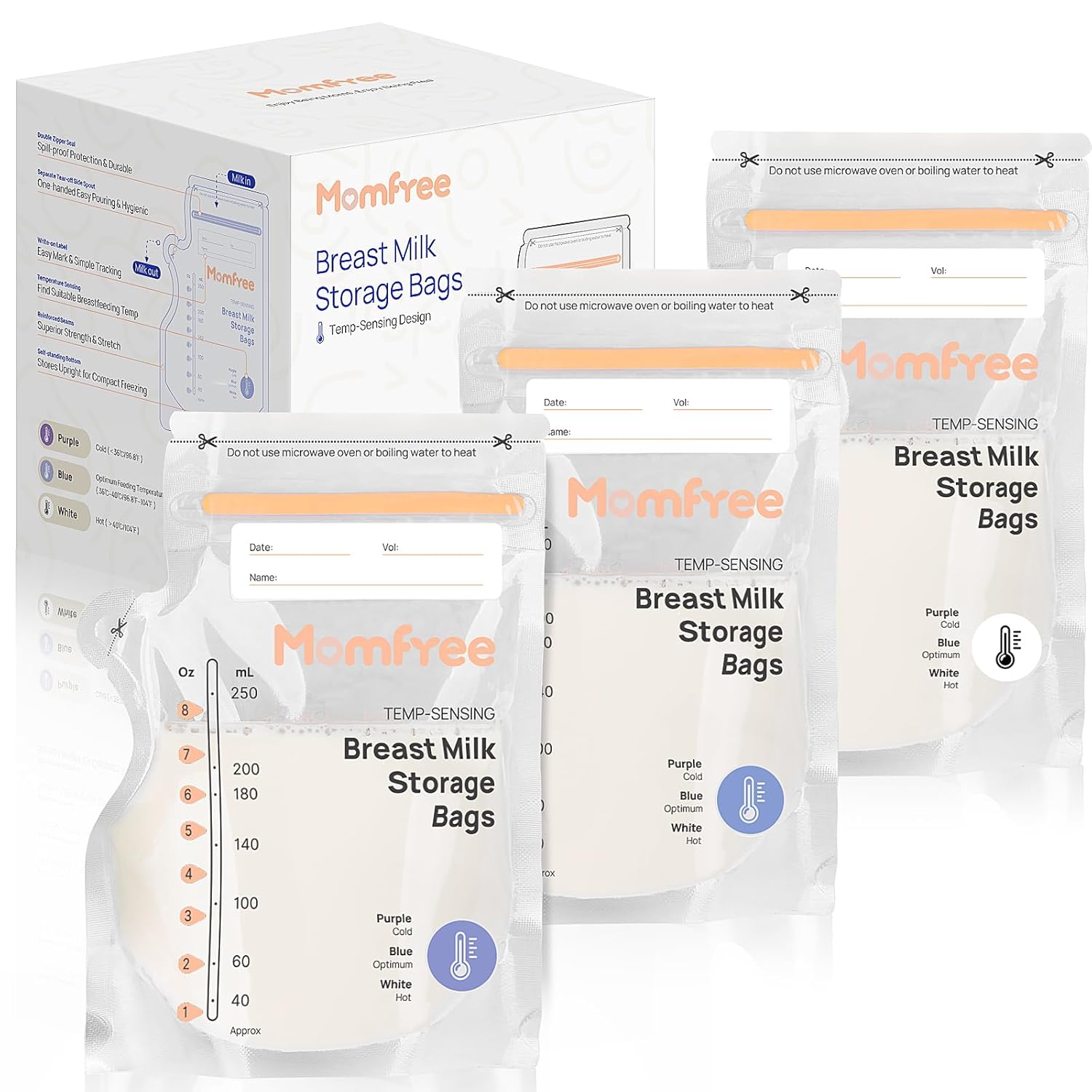 Breastmilk Storage Bag 8 OZ, Sterile Temp-Sensing Discoloration Milk Storing Bags for Breastfeeding, Disposable No-Leak Breast Milk Bags with Pour Spout, Self-Standing Milk Freezer Bag 120pcs