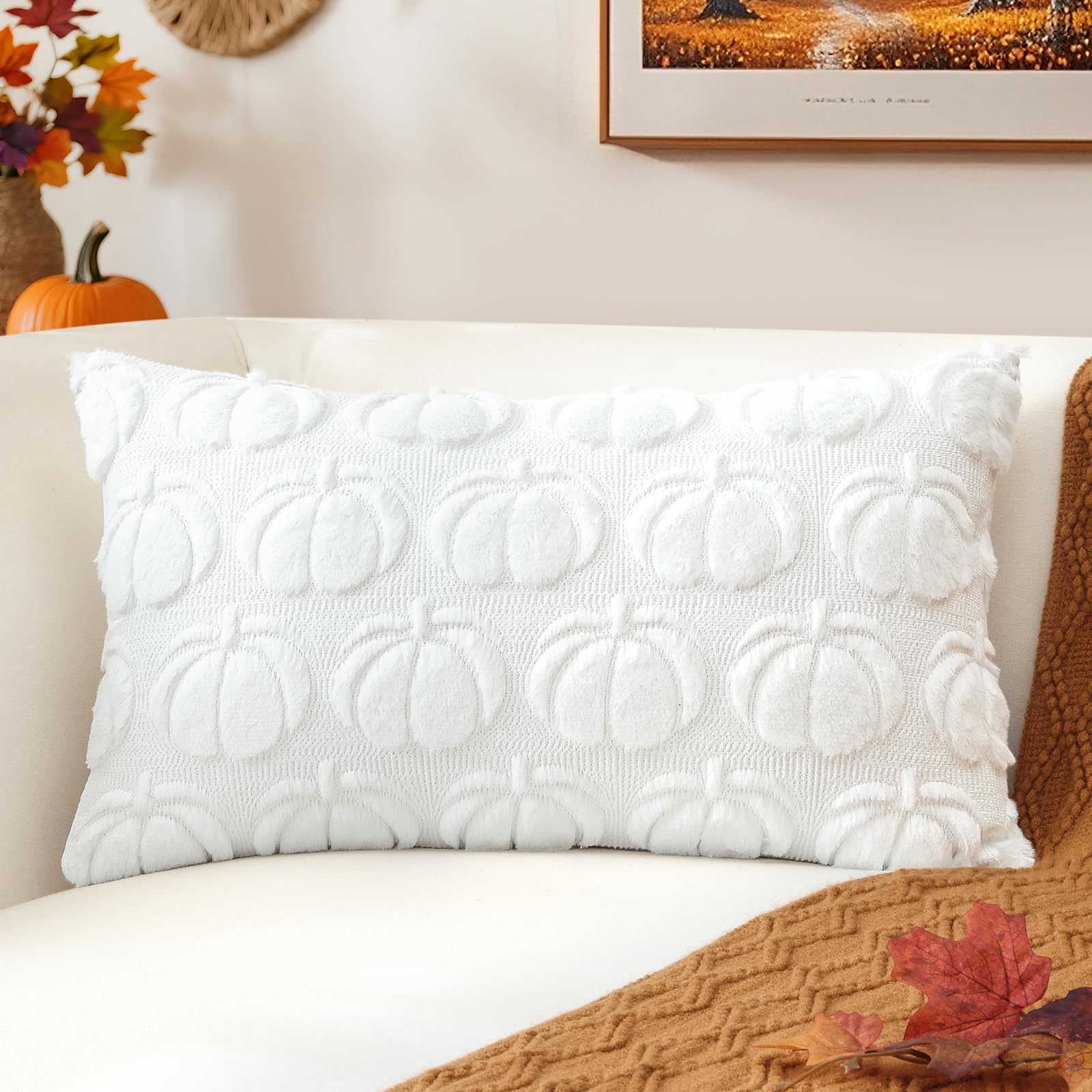JOTOM White Pumpkin Fall Cushion Covers 40x60cm Soft Plush Faux Fur Autumn Thanksgiving Decorative Throw Pillow Covers Pillow Case for Home Bedroom Couch Sofa Decor (White) - Image 4