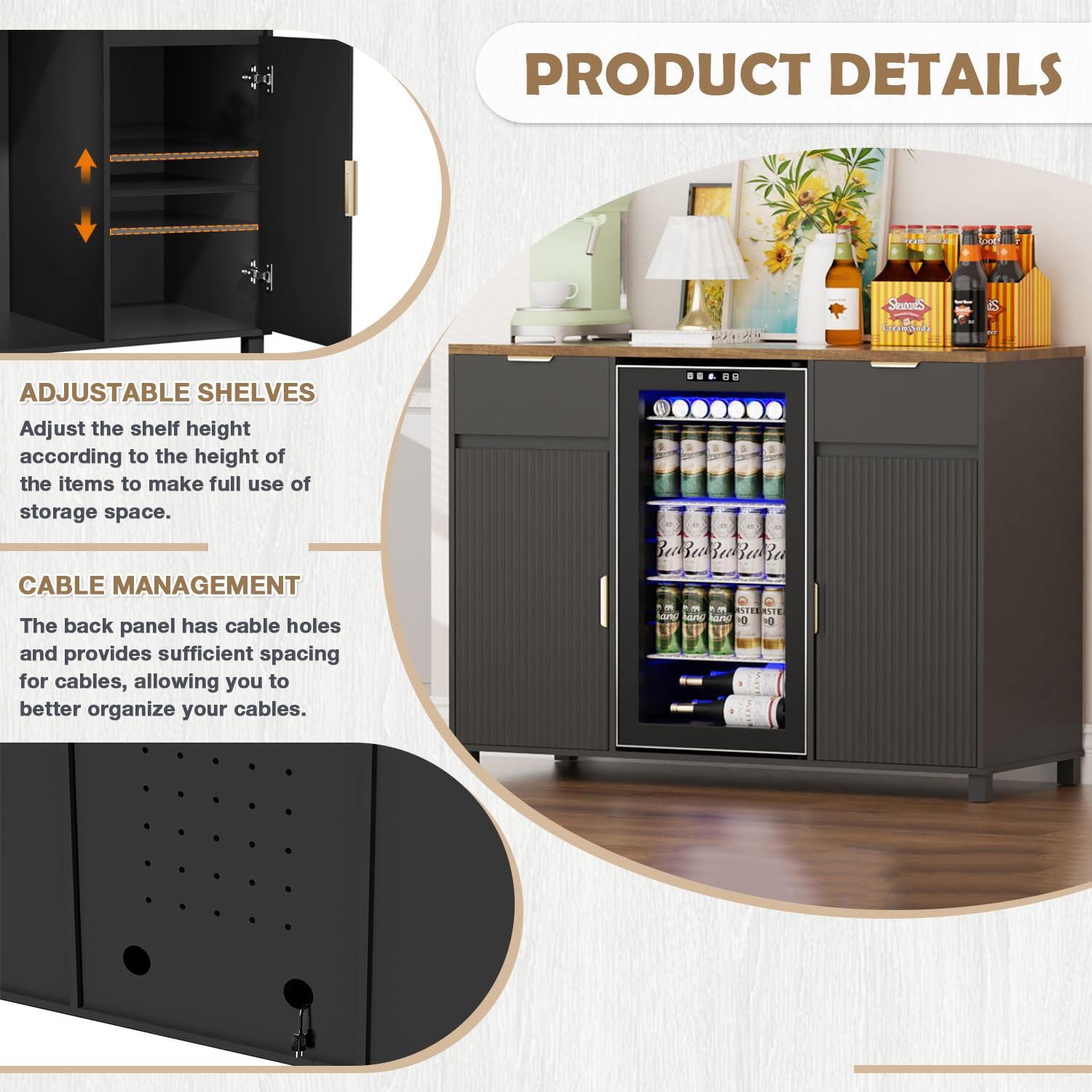 Coffee Bar Cabinet with Fridge Space, Wine Bar Cabinet with Power Outlet, Mini Fridge Cabinet with Fluted Door for Dining Room, Living Room, Kitchen