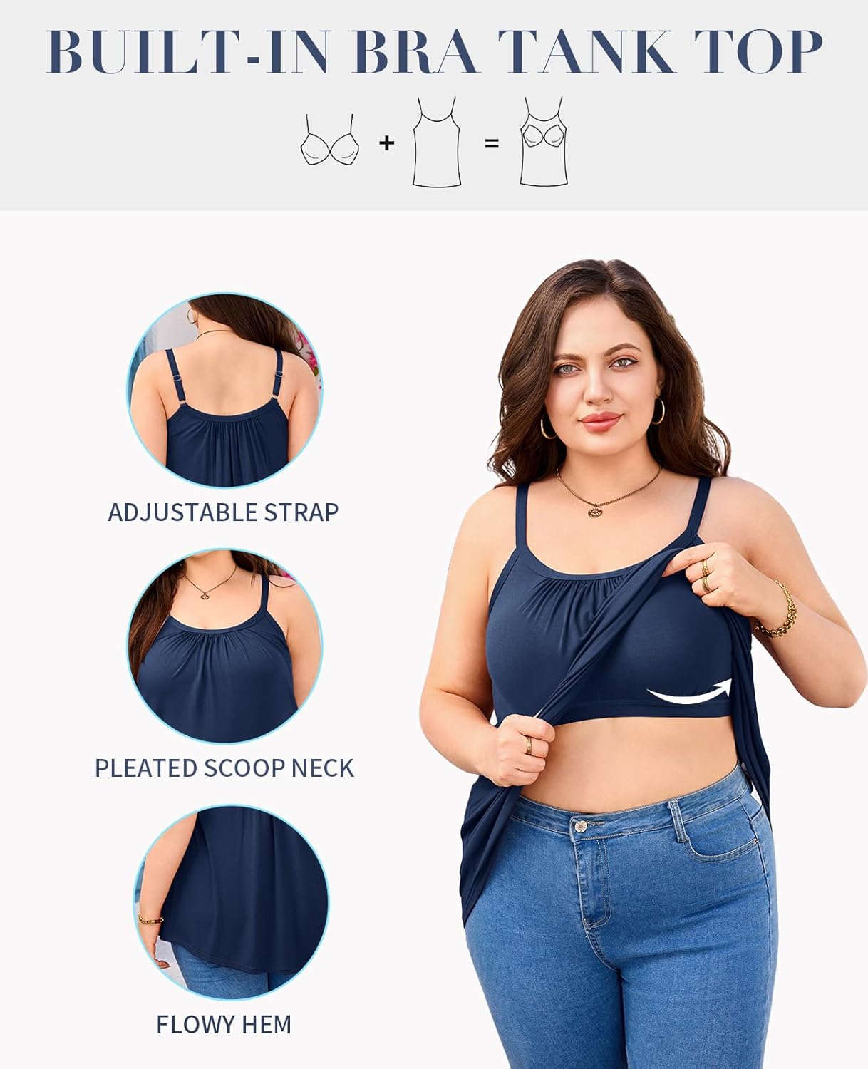 V FOR CITY Women's Plus Size Tank Top with Built in Bra Adjustable Strap Camisole Summer Loose Cami Shirt 1X-4X - Image 2