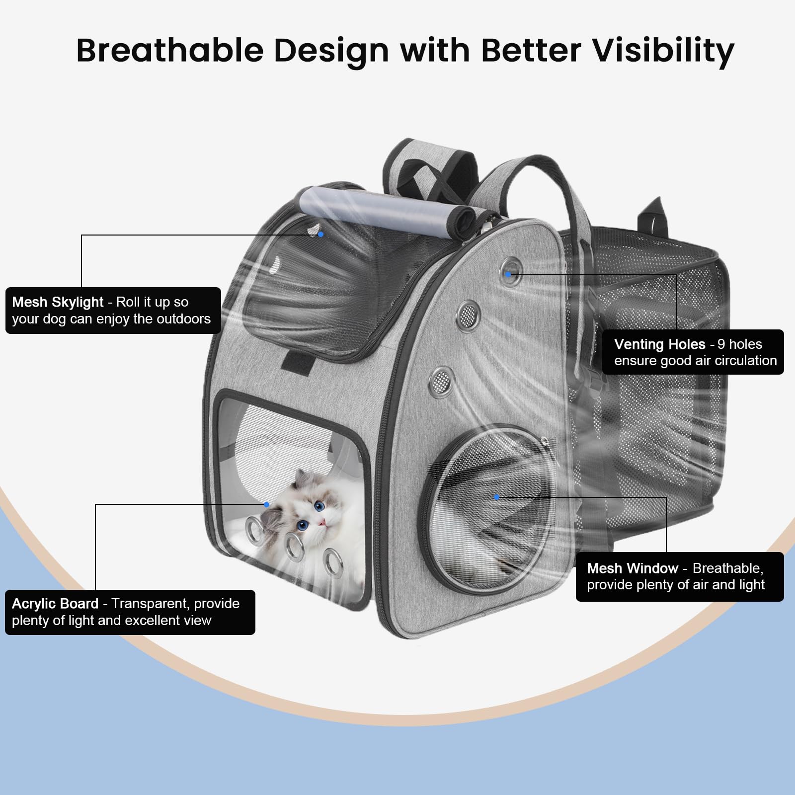 Expandable Pet Carrier Backpack for Cats, Dogs and Small Animals, Portable Pet Travel Carrier, Super Ventilated Design, Airline Approved, Ideal for Traveling/Hiking/Camping, Grey, XL - image 6