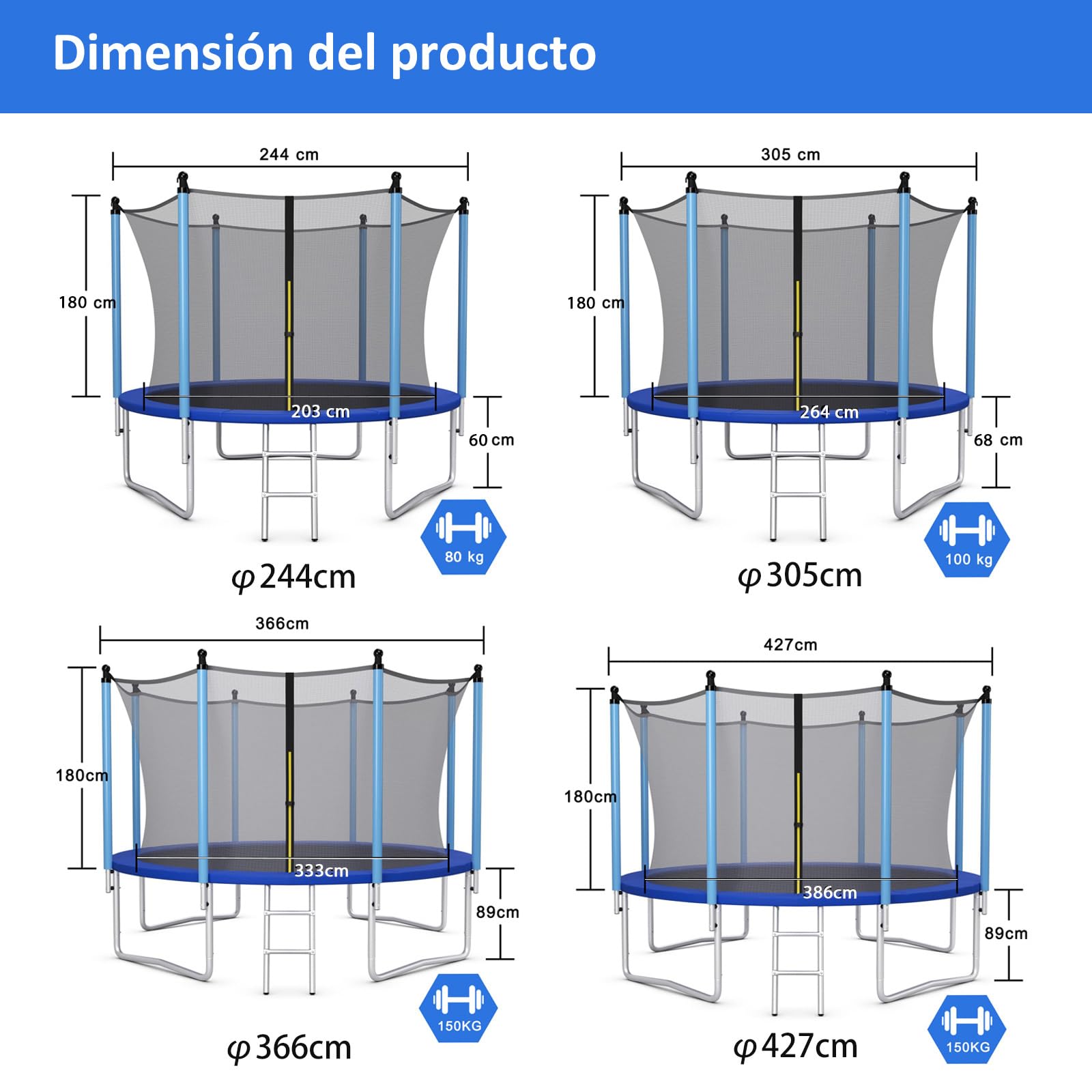 COSTWAY Cama Elástica de Exterior 244/305/366/427 cm, Trampolín con Red de Seguridad, Tubos Galvanizados Antióxido, Escalera, Resistente a la Intemperie, para Niños y Adultos