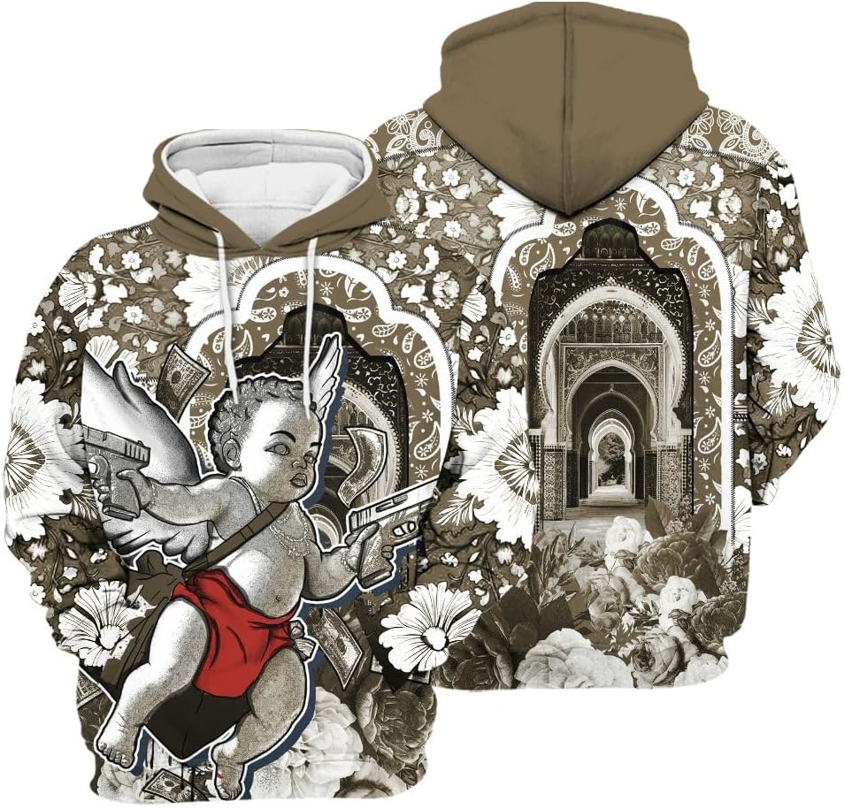 Dunkare Retro Olive 9s Streetwear 3D Hoodie, Angel All Over Print Unisex Hoodie