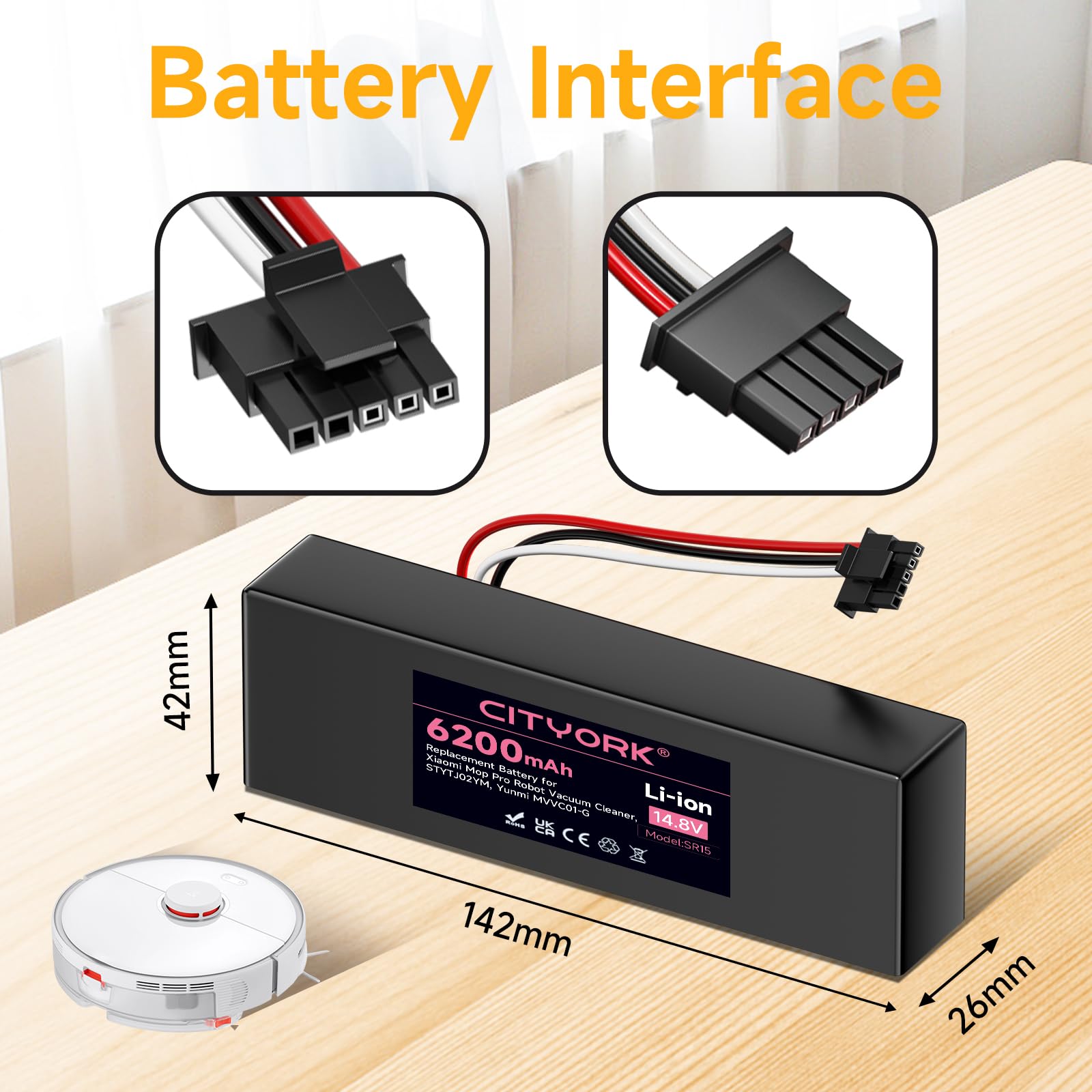 CITYORK 6200mAh 14,4V Batería de Repuesto para Xiaomi Mop 2S / Mop P/Mop Pro, Batería Compatible con Xiaomi Mijia STYTJ02YM / XMSTJQR2S Aspiradora Robot Batería