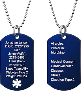 Qina C. Custom Engraved Medical Alert Necklace Stainless Steel ID Tag Emergency ICE Med Jewelry Pendant Personalized Men Women