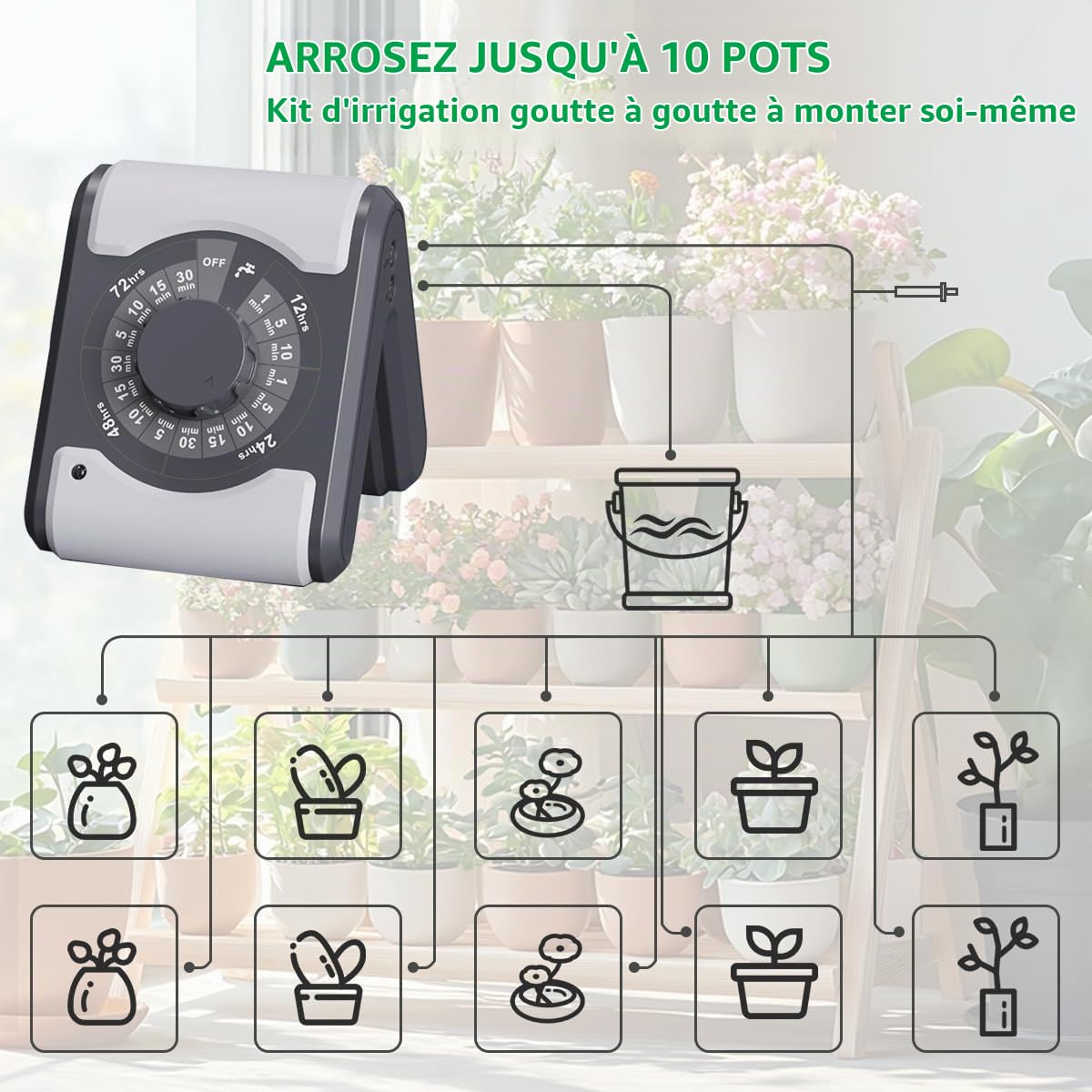 Système d'arrosage automatique pour plantes d'intérieur - Système d'arrosage à faire soi-même et minuterie d'eau programmable pour 10 plantes en pot
