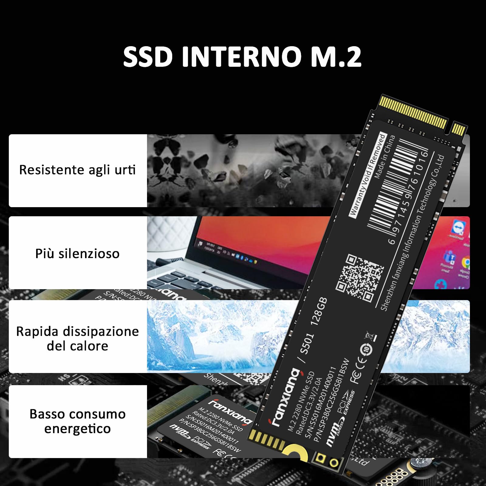 fanxiang SSD NVMe 512GB M.2 PCIe Gen3x4 2280 SSD Interno 512GB, Fino a 2100MB/s in Lettura, 1300MB/s in Scrittura, Compatibile con Laptops, PC, Computer Desktop(S501)