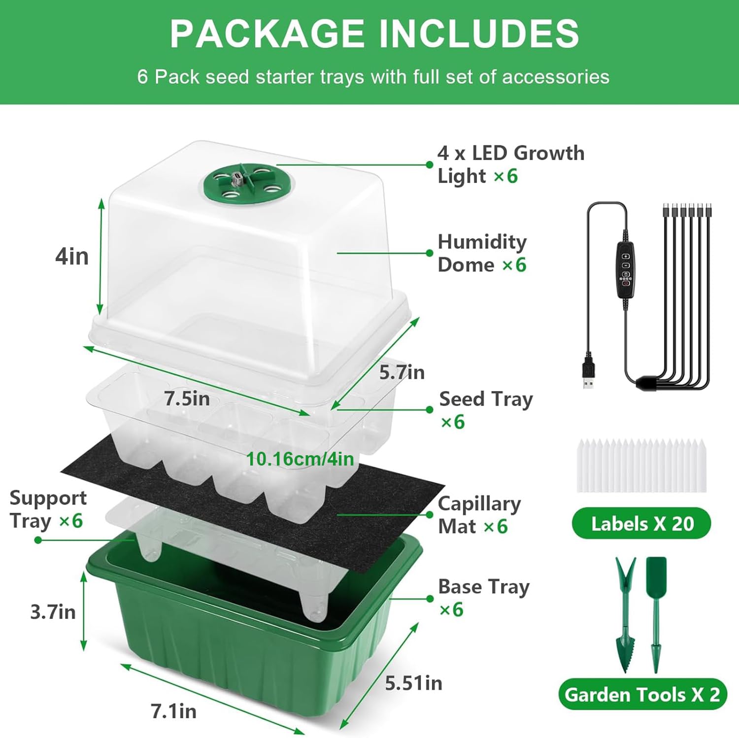 YAUNGEL Vassoio Germinazione, 6 Pezzi Autoinnaffianti Semenzaio per Piantine Mini Serra Propagatore con Luce di crescita Regolabile Luminosità & Umidità Propagatore di Semi Kit，Controllo del Tempo