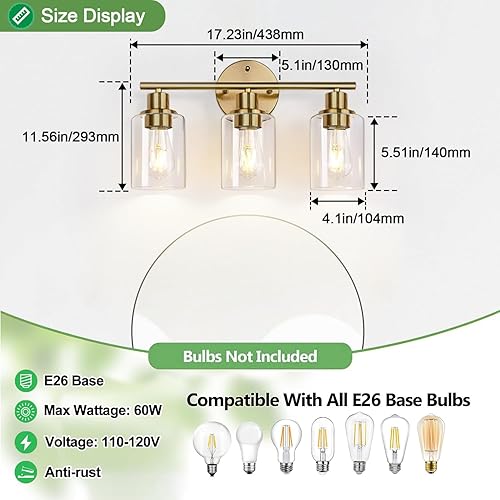 Miniatura 7 de Lámpara de baño de 3 luces doradas, moderna lámpara de tocador de baño con pantalla de vidrio transparente, luces de montaje en pared de baño de oro