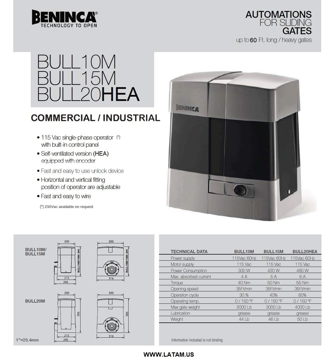 Technical data sheet for Beninca BULL series gate operators, showing specifications for BULL10M, BULL15M, and BULL20HEA models.