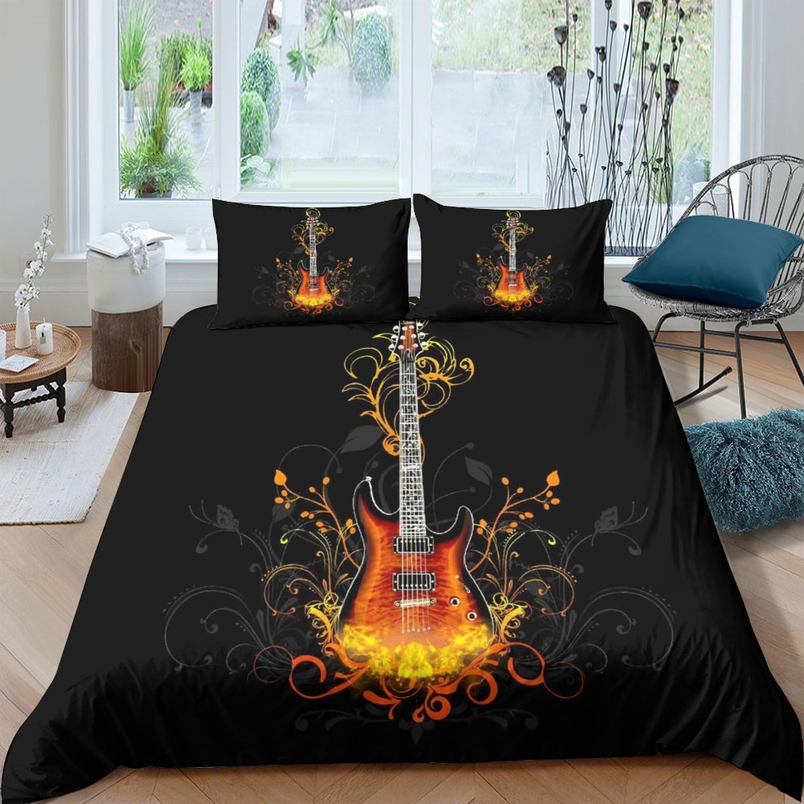 Ctjqhvkz Style-1 3D Printed Fire Guitar Fitted Sheet Microfiber Soft Black Rock Music Mattress Cover For Bedroom Dorm Apartment Decor Single（135X200cm）