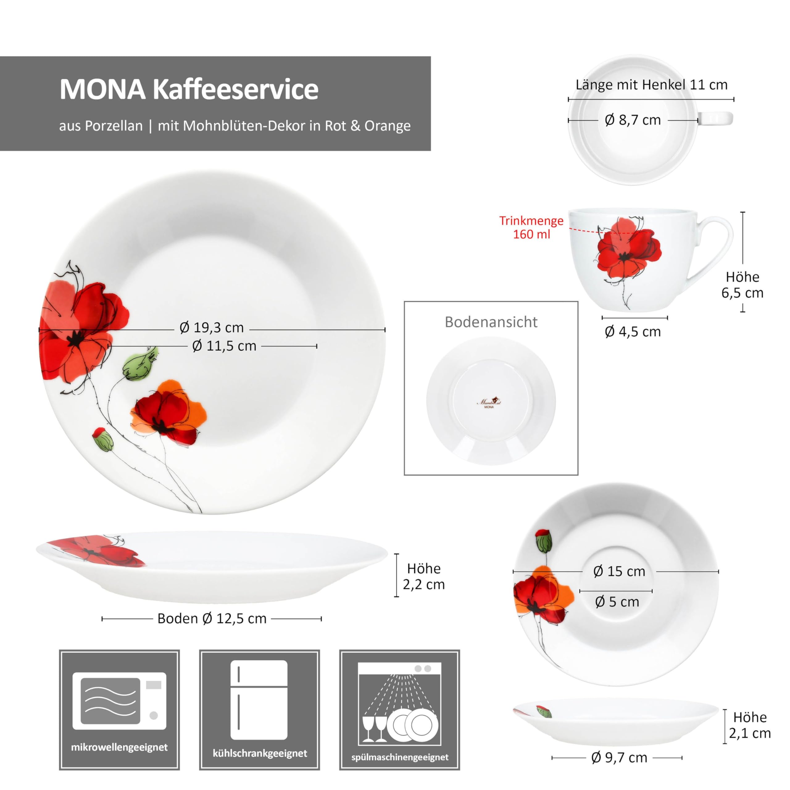 MamboCat Mona Service à café 18 pièces - En porcelaine florale avec décor coquelicot en blanc et rouge - Pour 6 personnes - 6 tasses à café de 160 ml - Soucoupes et assiettes à gâteau pour