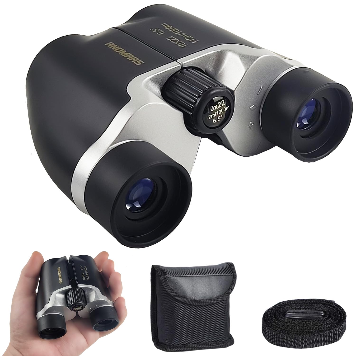 Andmars 10x22 Binoculars for Adults and Kids, Large View Compact Binoculars, Easy Focus for Bird Watching Outdoor Travel Sightseeing Concert Hunting Hiking (Black)