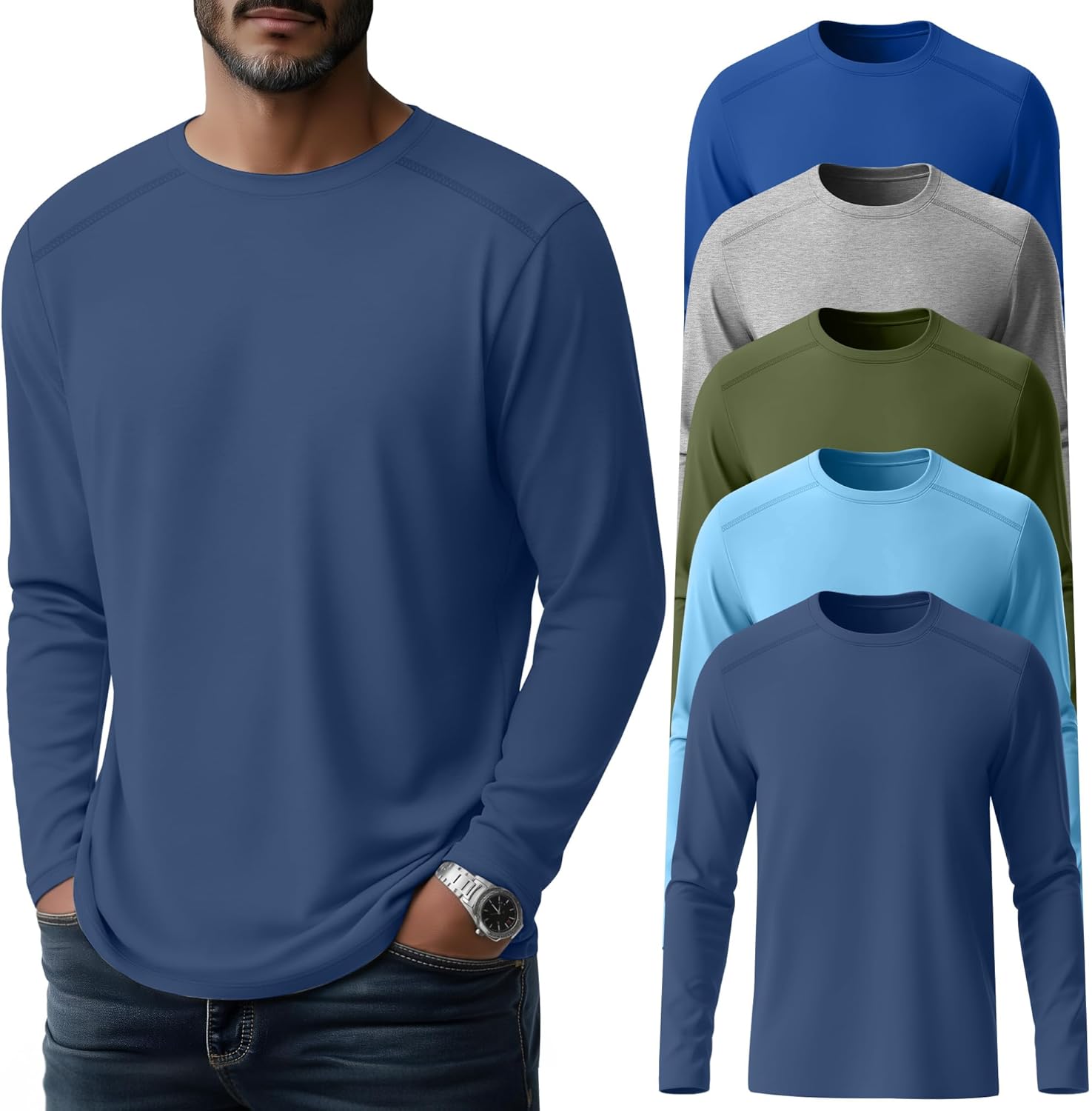 Oakgarden 5 Pack Men's Big and Tall Shirts, Long Sleeve Tees Solid Casual Basic Tops Soft Crew Neck T Shirts