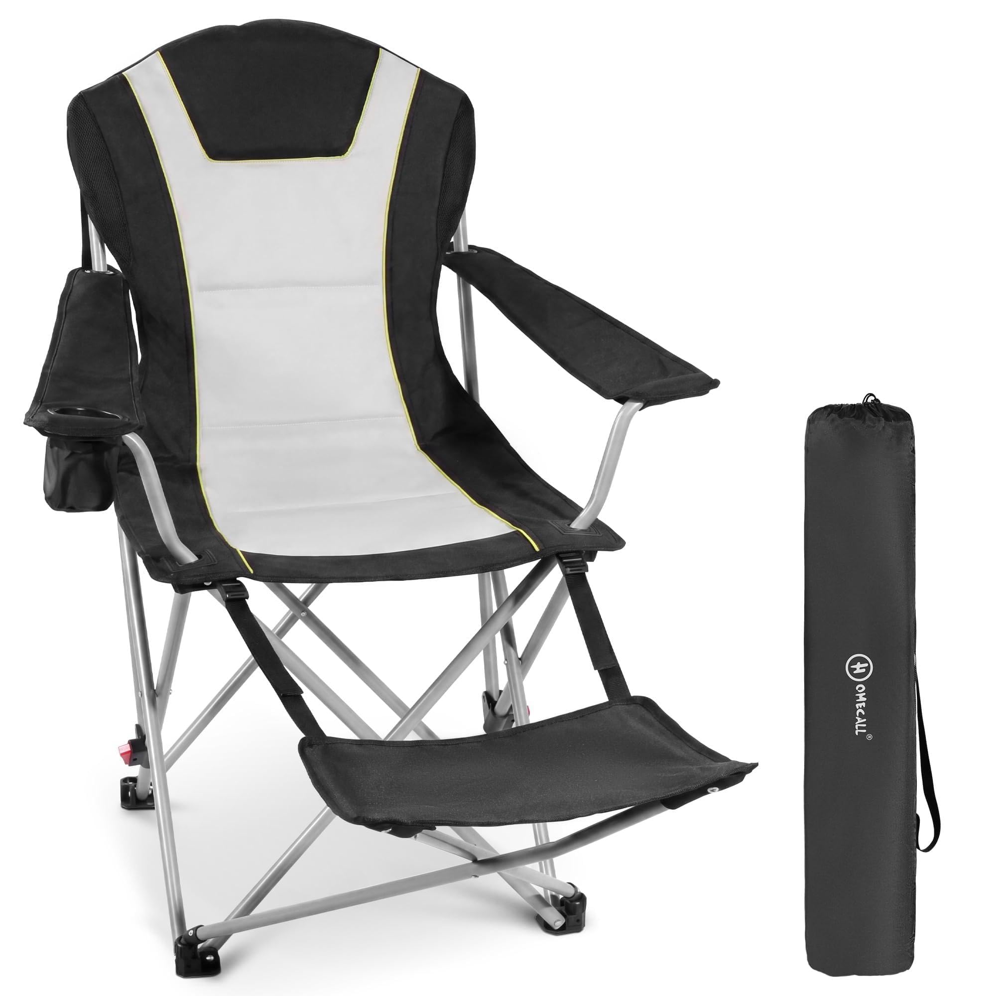 Homecall Sedia da campeggio pieghevole 2 in 1, con poggiapiedi, fino a 150 kg, sedia da pesca, pieghevole, con poggiatesta, portabicchieri e borsa per il trasporto, per campeggio all'aperto (1 pezzo)