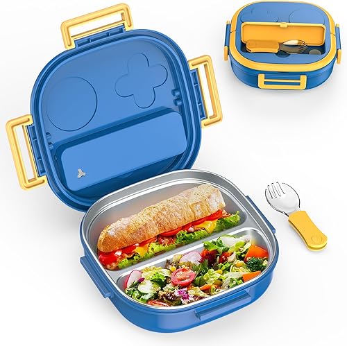 Pedeco Caja Bento de acero inoxidable para niños, a prueba de fugas, 2 compartimentos, lonchera con cubiertos portátiles, tamaños de porciones